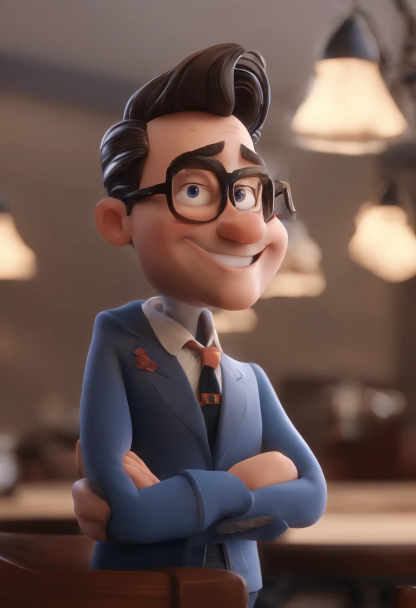 Cartoon character of a man with black glasses and a blue shirt, animation character, Caractere estilizado, animation style rendering, 3D estilizado, Arnold Maya render, 3 d render stylized, toon render keyshot, Personagem 3D, Personagem 3D, 3d rendering stylized, 3 d character render, personagem de desenho animado, Personagem de close up, Pose de personagem,  (Estilo Pixar) (master part:1.2) (Bokeh) (best quality) (pele detalhada) (textura detalhada) (8k) (argila) (Cinematic lighting) (foco nítido