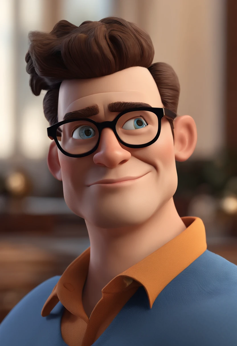 Cartoon character of a man with black glasses and a blue shirt, animation character, Caractere estilizado, animation style rendering, 3D estilizado, Arnold Maya render, 3 d render stylized, toon render keyshot, Personagem 3D, Personagem 3D, 3d rendering stylized, 3 d character render, personagem de desenho animado, Personagem de close up, Pose de personagem,  (Estilo Pixar) (master part:1.2) (Bokeh) (best quality) (pele detalhada) (textura detalhada) (8k) (argila) (Cinematic lighting) (foco nítido