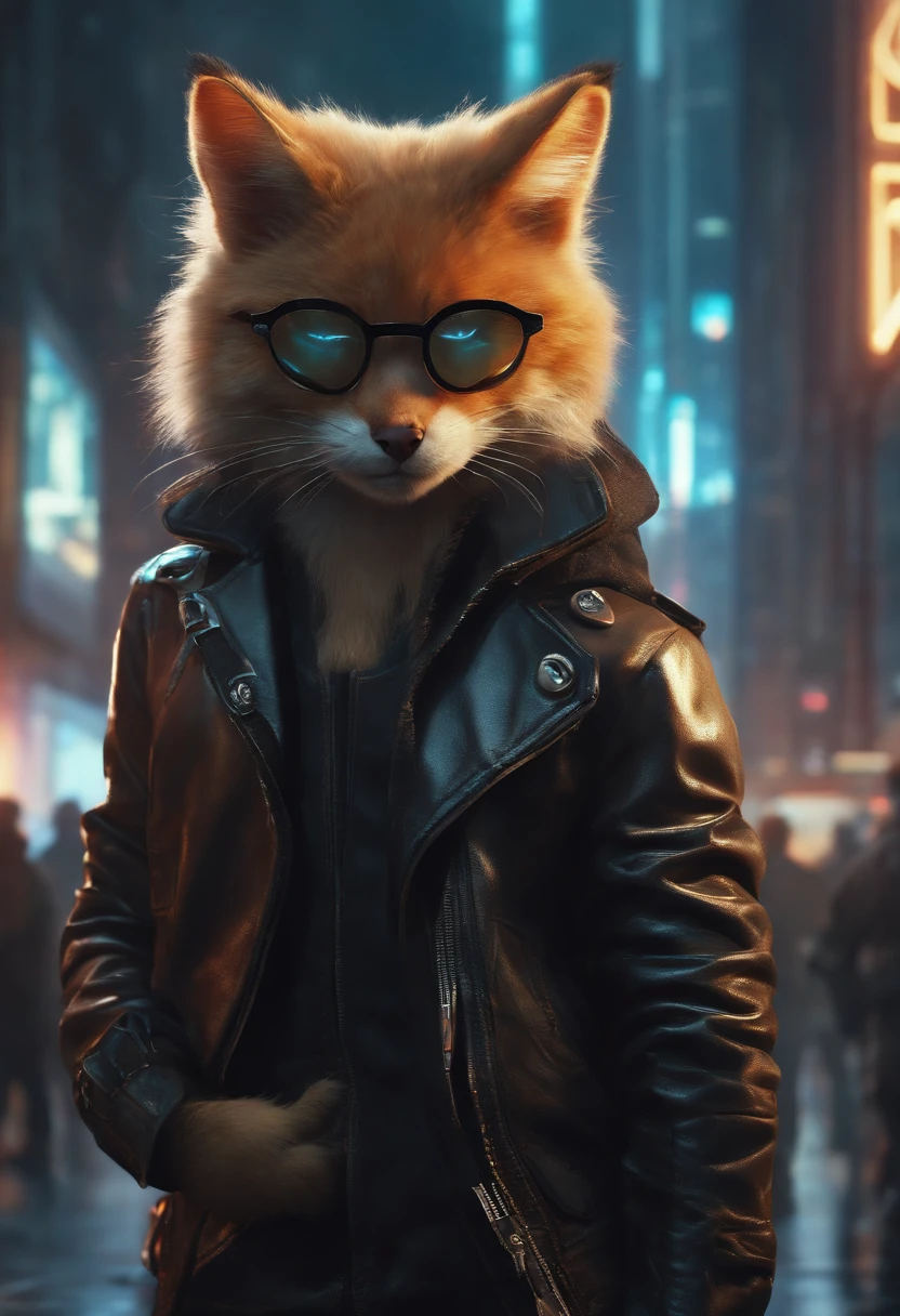 There's a cat wearing a leather jacket and glasses on a city street, gato cyberpunk, no estilo cyberpunk, tem estilo cyberpunk, Cyberpunk Streetwear, Cyberpunk))), an anthropomorphic cyberpunk fox, Cyberpunk Mouse Folk Engenheiro, estilo cyberpunk hiper-realista, Estilo de arte cyberpunk, Cybercat, gato ciborgue, Wojtek FUS, cyberpunk themed art, cyberpunk vibes