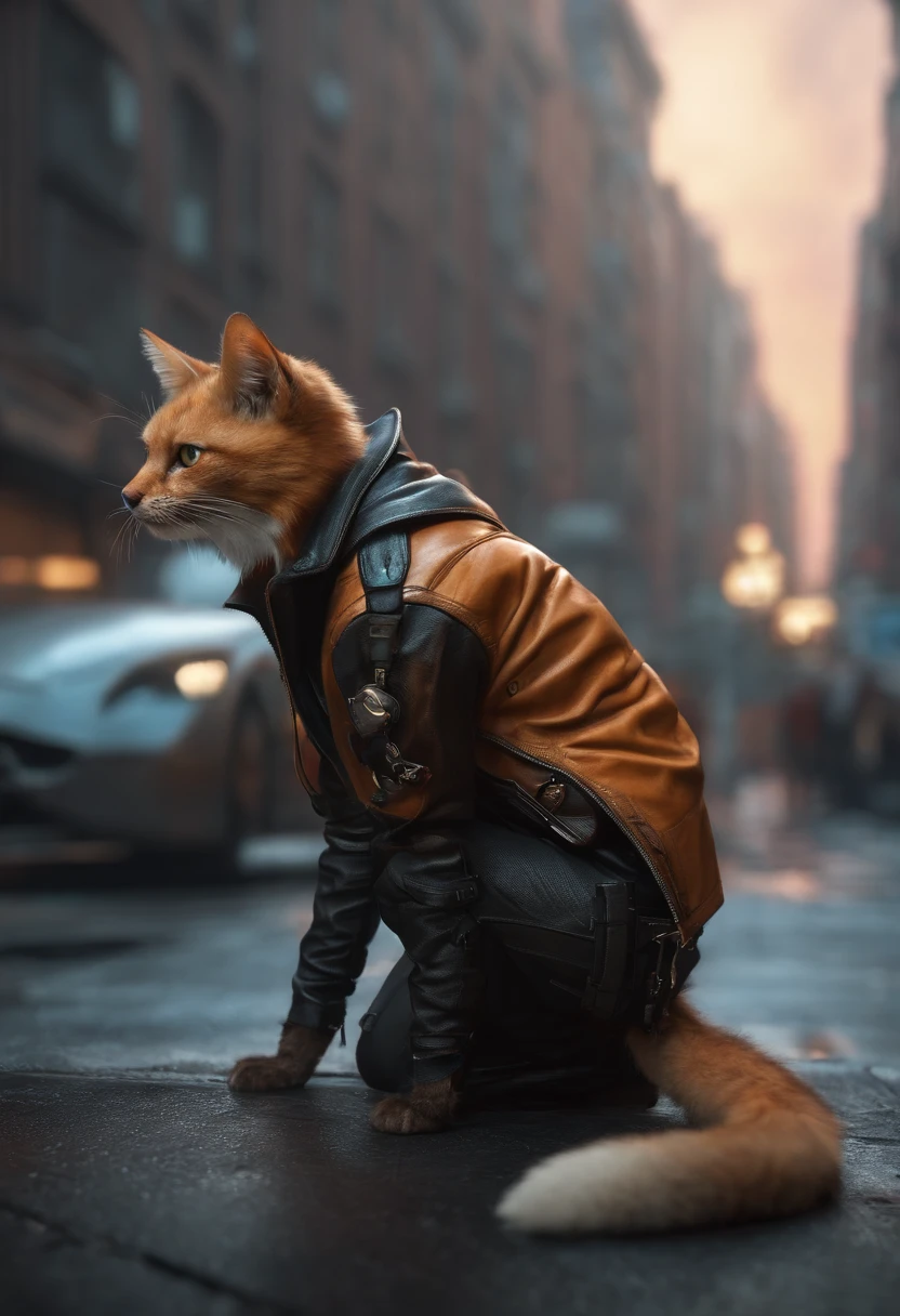 There's a cat wearing a leather jacket and glasses on a city street, gato cyberpunk, no estilo cyberpunk, tem estilo cyberpunk, Cyberpunk Streetwear, Cyberpunk))), an anthropomorphic cyberpunk fox, Cyberpunk Mouse Folk Engenheiro, estilo cyberpunk hiper-realista, Estilo de arte cyberpunk, Cybercat, gato ciborgue, Wojtek FUS, cyberpunk themed art, cyberpunk vibes