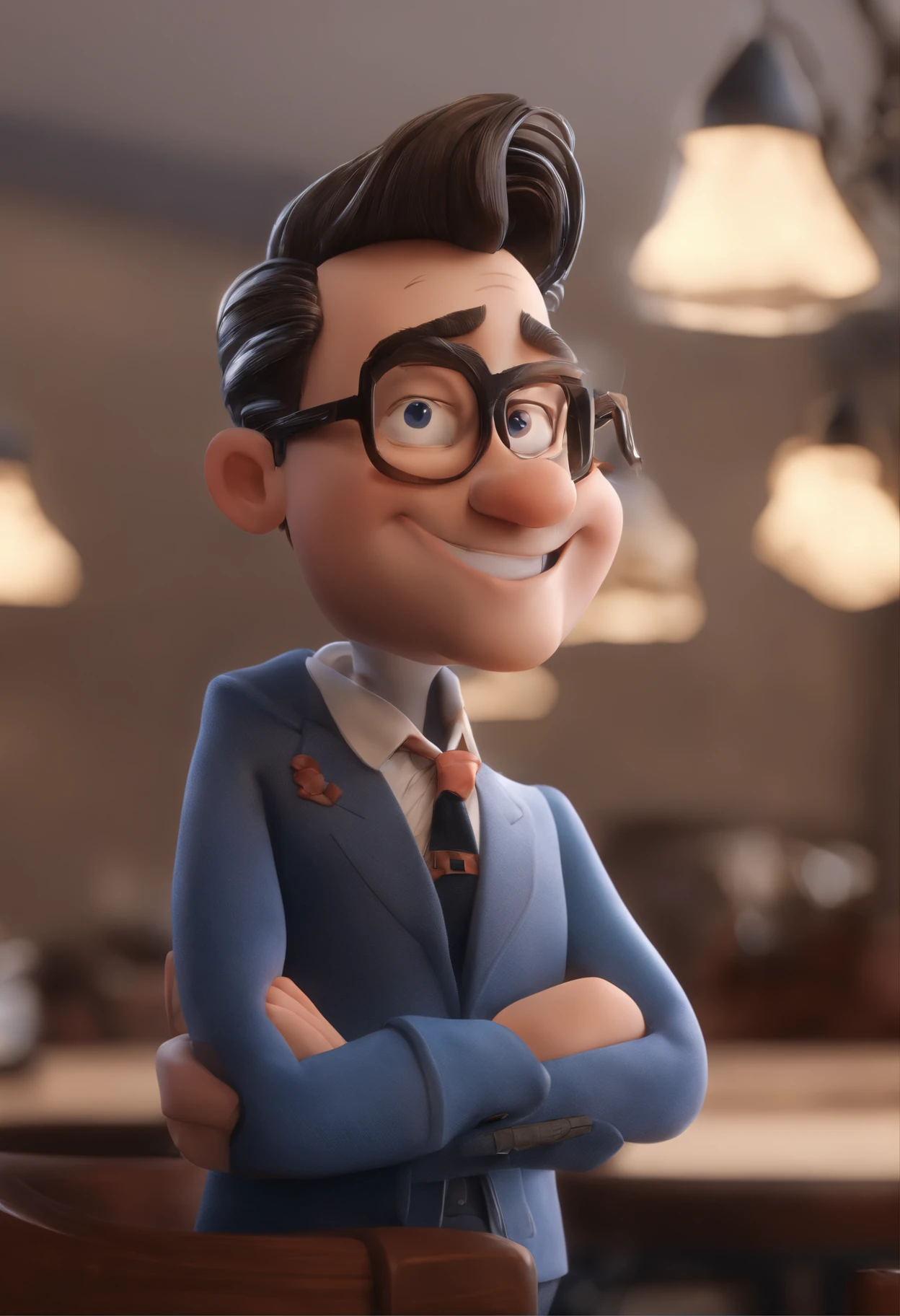 Cartoon character of a man with black glasses and a blue shirt, animation character, Caractere estilizado, animation style rendering, 3D estilizado, Arnold Maya render, 3 d render stylized, toon render keyshot, Personagem 3D, Personagem 3D, 3d rendering stylized, 3 d character render, personagem de desenho animado, Personagem de close up, Pose de personagem,  (Estilo Pixar) (master part:1.2) (Bokeh) (best quality) (pele detalhada) (textura detalhada) (8k) (argila) (Cinematic lighting) (foco nítido