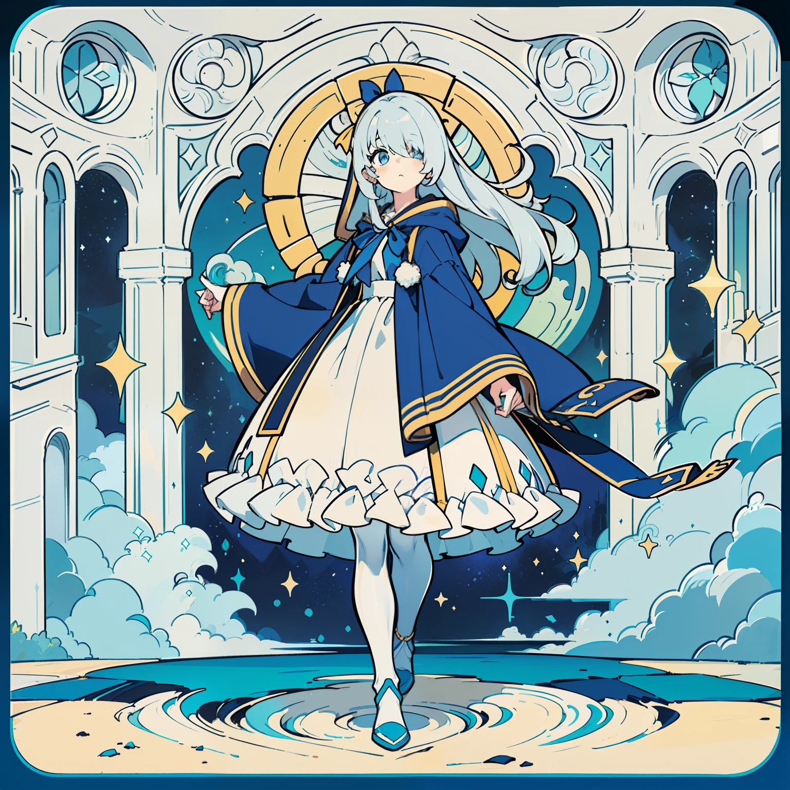 (Best Quality), (Masterpiece), (Official Art), (Single Person), (Girl), Exquisite Facial Features, Silver Hair, (Smooth Silver Long Hair), (Silver Long Hair), (Beautiful Silver Long Hair), Blue Eyes, (Exquisite Blue Eyes), (Bright Blue Eyes), (One Eye), (Blue White Stripes), (One Eye 1.5), (White One Eye Mask), (White Skirt with Blue Pattern), ((delicate white skirt with blue pattern and hood 1.5), (slender legs), (white Pantyhose), (full of details)), (white Pantyhose with golden stripe 1.5), (white Pantyhose with gorgeous silver stripe), (delicate face), (open eyes), (wearing hood), (full body photo), (white high-heeled boots), (gorgeous white high-heeled boots), (overhead lens), (best quality), ((masterpiece), (ultra detailed), (illustration), (detailed light), (an extremely delicate and beautiful), (a cut girl: 1.2), (cowboy shot), standing, Starry sky children beautiful detailed dress, (beautiful eyes), floating silver hair, colored inner hair, (colored), Negative space, background detailed, mix4, (masterpiece, top quality, best quality, official art, beautiful and aesthetic: 1.2), (1Girl: 1.3), (fractal art: 1.3), (flat color: 1.3), (colored: 1.3), (masterpiece: 1.2), best quality, masterpiece, original, extremely detailed wallpaper, looking at viewer, 1 girl, solo, floating colored, long hair, upper body,