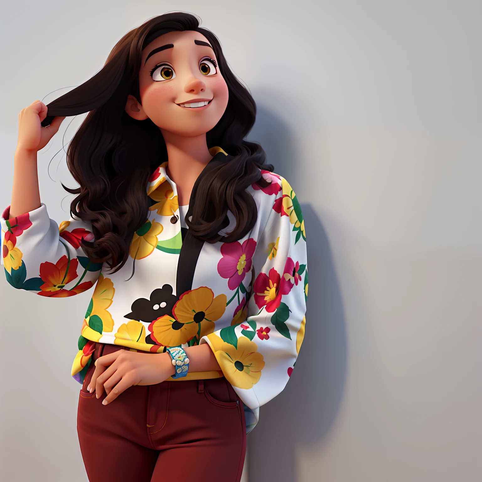 Disney Pixar style poster of a 20-year-old Brazilian brunette in a printed shirt in a beautiful flower garden