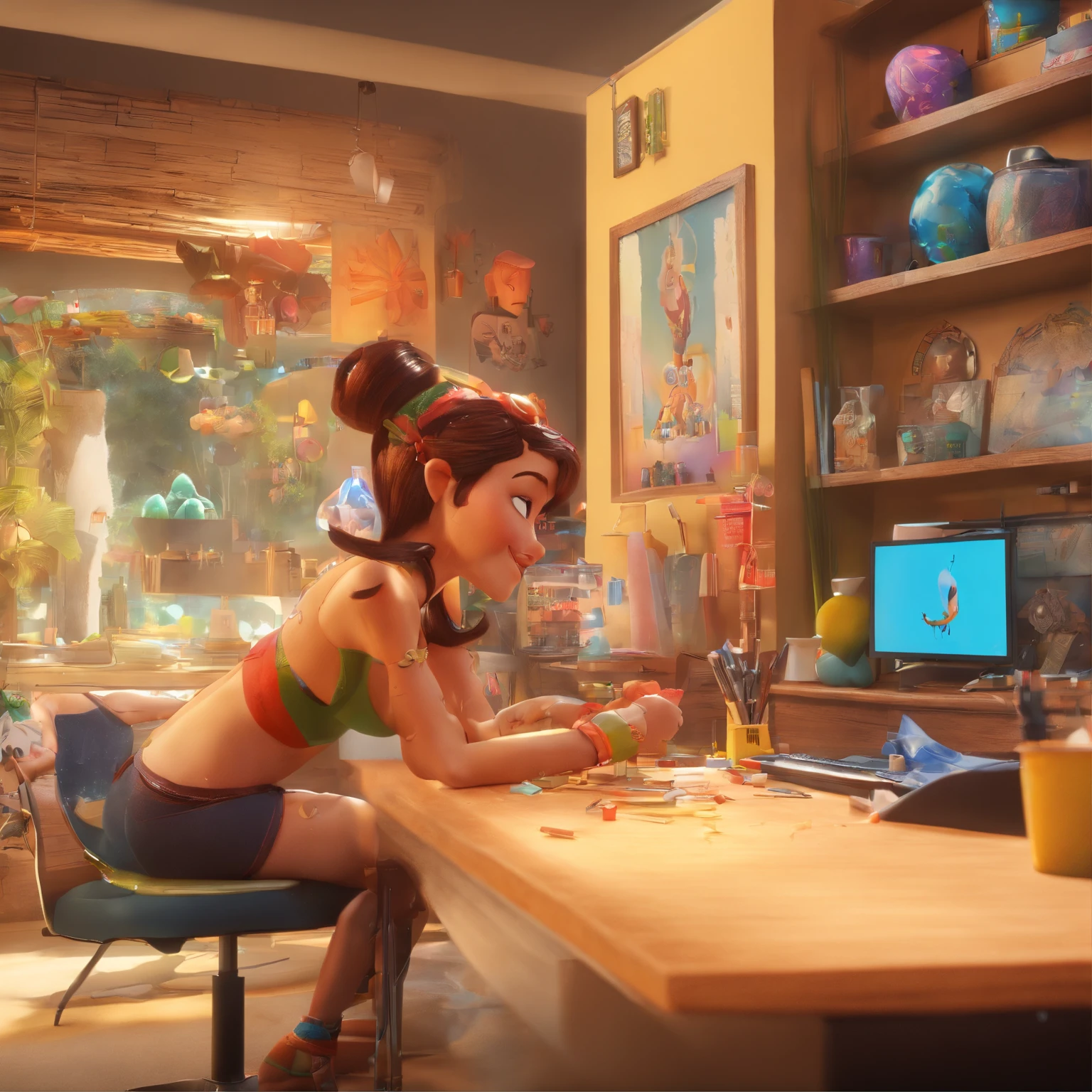 create a 3D movie poster inspired by Disney Pixar, The scene should be in Pixar's signature digital art style, com uma imagem caricatural que lembra a cantora brasileira "Anita" in the prone position, Wearing a bikini while a tattoo artist is sitting tattooing with a giant ring on one hand, inside a tattoo parlor.
