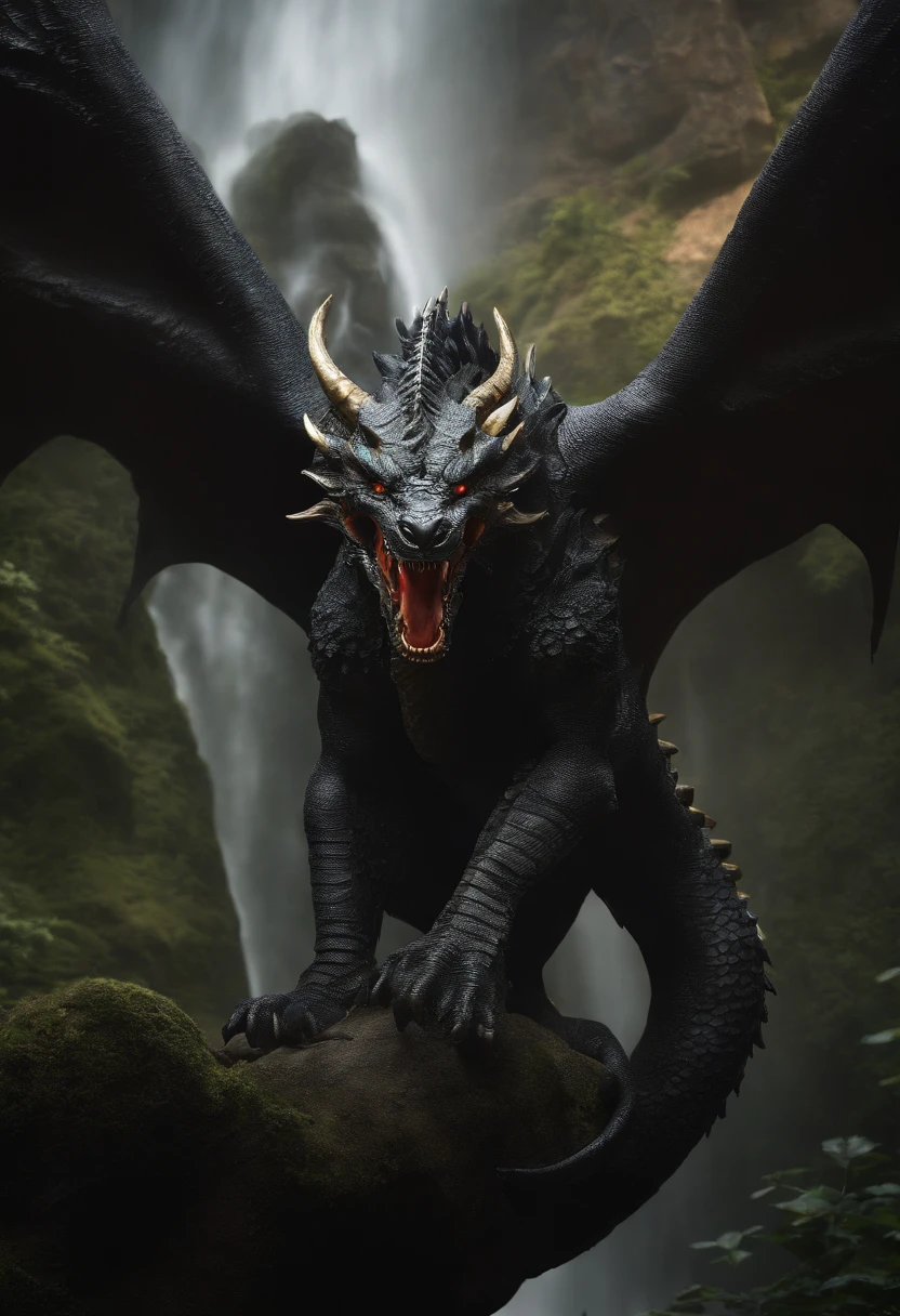 Asian-style black dragon flying in a mysterious waterfall、The black dragon's body is long and wavy like a large snake, And a jewel is held in his right hand.、He roars with magnificent horns and a beard on his head.、Cat Ear Girl Defying Black Dragon、[Objeto de objeto], (detailed facial features:1.3), (Foto RAW, 16 mil, masutepiece, best quality: 1.2), (ultrarrealismo, Realismo ultradenso e complexo: 1.3), (ampla profundidade de campo, Radiation Mapping, ray tracing, raios de deus: 1.2), high dynamic range, Vivid, detalhes ricos, Sombras e realces claros, Realistic, formidable, aumento do contraste, Cat-eared girl in Japanese clothes fighting a black dragon in a mysterious waterfall、