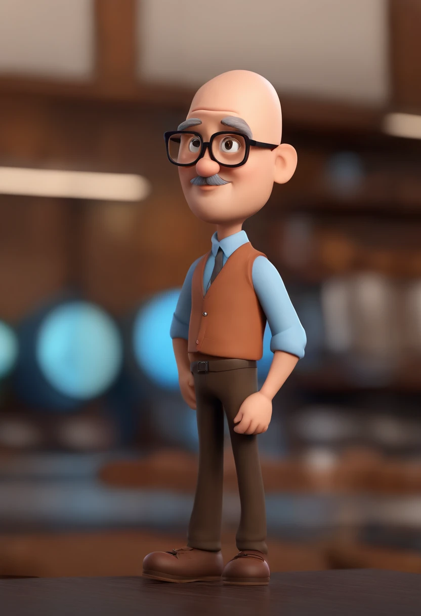 Cartoon character of a bald man with a gray beard with black glasses and a blue shirt, animation character, Caractere estilizado, animation style rendering, 3D estilizado, Arnold Maya render, 3 d render stylized, toon render keyshot, Personagem 3D, Personagem 3D, 3d rendering stylized, 3 d character render, personagem de desenho animado, Personagem de close up, Pose de personagem,  (Estilo Pixar) (master part:1.2) (Bokeh) (best quality) (pele detalhada) (textura detalhada) (8k) (argila) (Cinematic lighting) (foco nítido