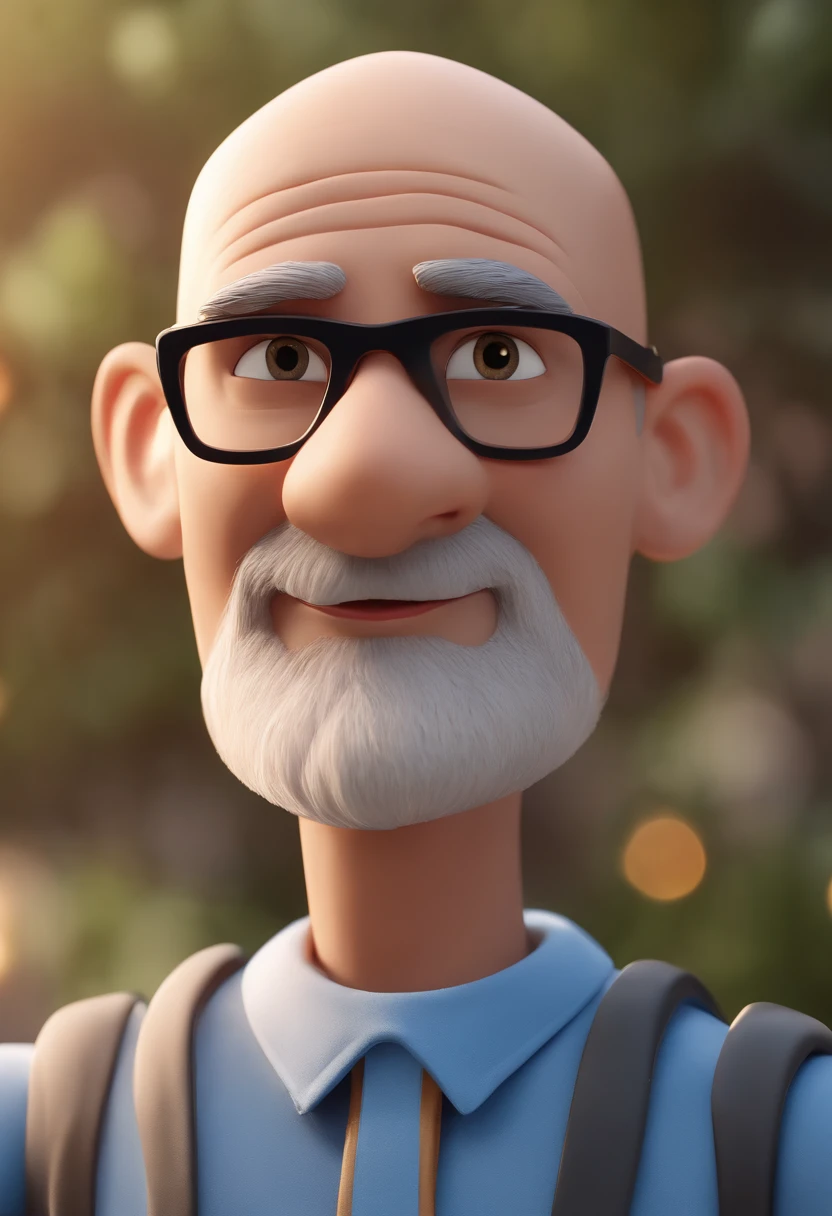Cartoon character of a bald man with a gray beard with black glasses and a blue shirt, animation character, Caractere estilizado, animation style rendering, 3D estilizado, Arnold Maya render, 3 d render stylized, toon render keyshot, Personagem 3D, Personagem 3D, 3d rendering stylized, 3 d character render, personagem de desenho animado, Personagem de close up, Pose de personagem, (Estilo Pixar) (master part:1.2) (Bokeh) (best quality) (pele detalhada) (textura detalhada) (8k) (argila) (Cinematic lighting) (foco nítido