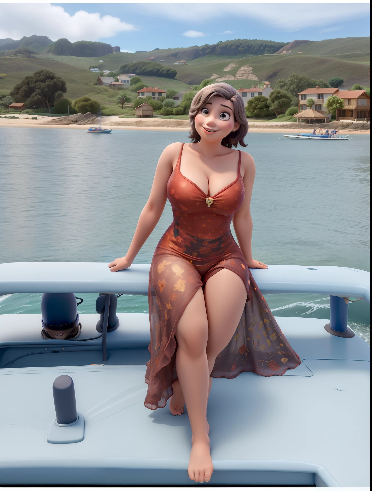 Estilo Pixar , Woman in swimsuit and dress, em um barco, em frente ao mar , cabelo loiro