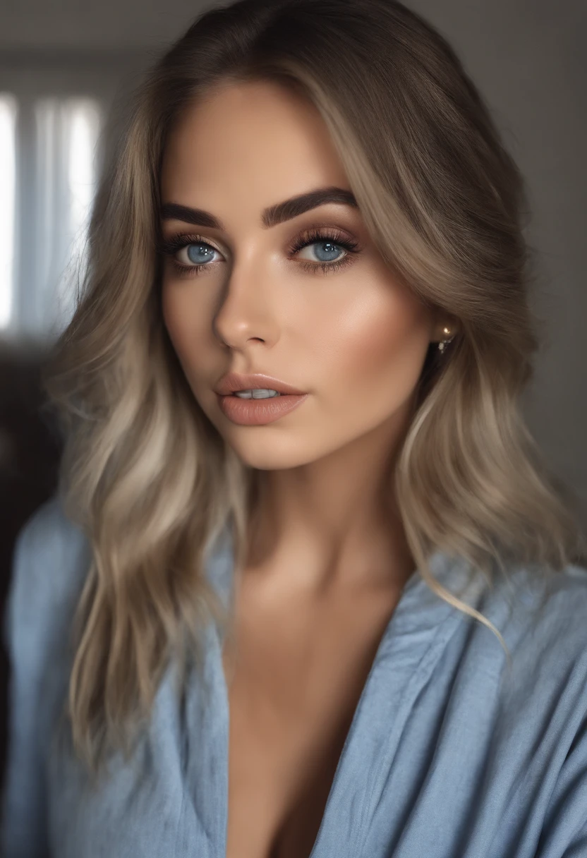 Arafed Mujer totalmente , Chica sexy con ojos azules, ultra realista, meticulosamente detallado, Retrato Sophie Mudd, cabello rubio y ojos grandes, selfie de una mujer joven, Ojos del dormitorio, Violeta Myers, sin maquillaje, Maquillaje natural, staring directly into camera, cara con artgram, maquillaje sutil, Impresionante foto de cuerpo completo arrodillado en la cama, caderas grandes, Busto muy grande, En el dormitorio,