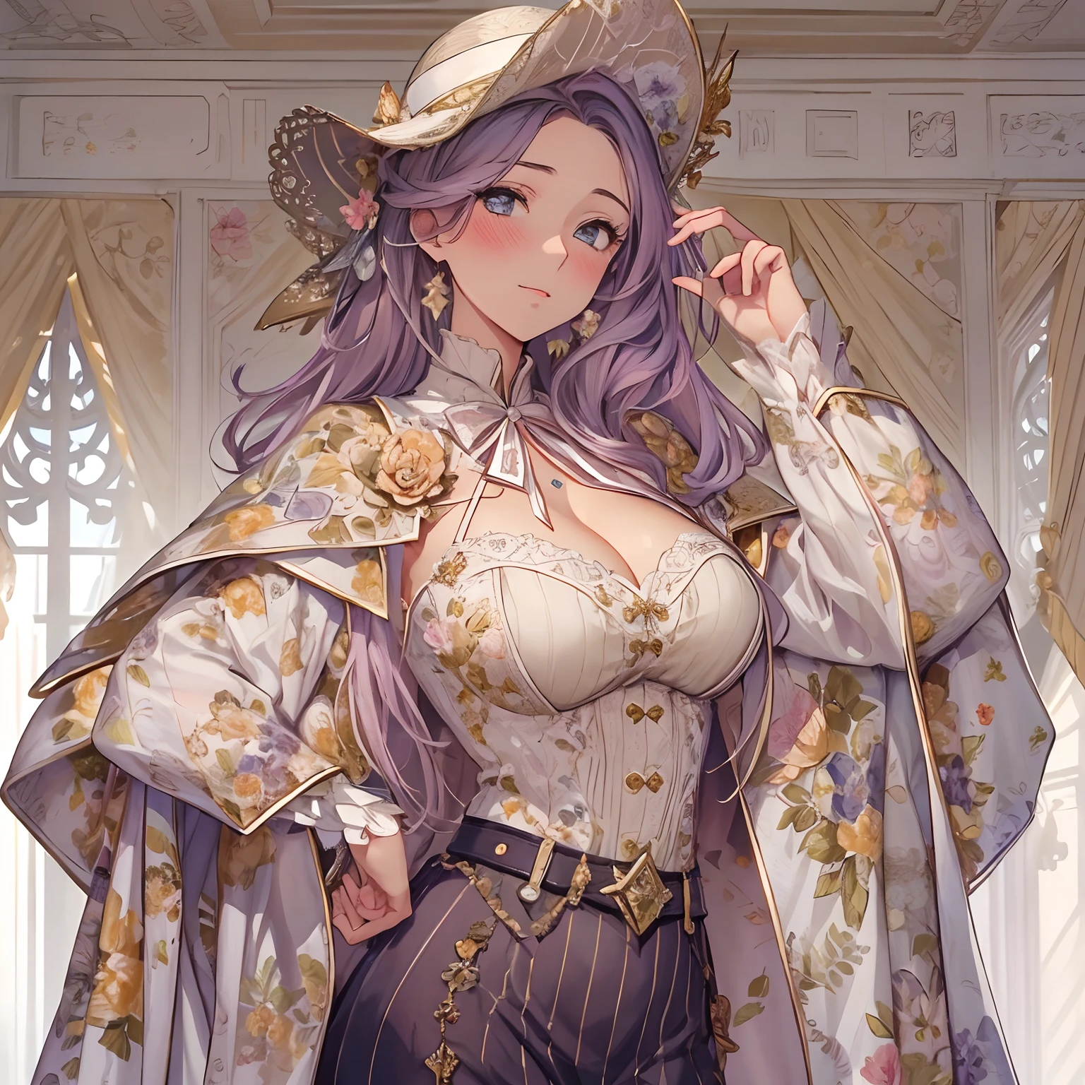 ((Masterpiece, Highest quality)), Detailed face, random character, reference sheet, girl, blush, breast, curtains, centre openings, cleavage, coat, coat on shoulders, cowboy shot, detached sleeves, floral print