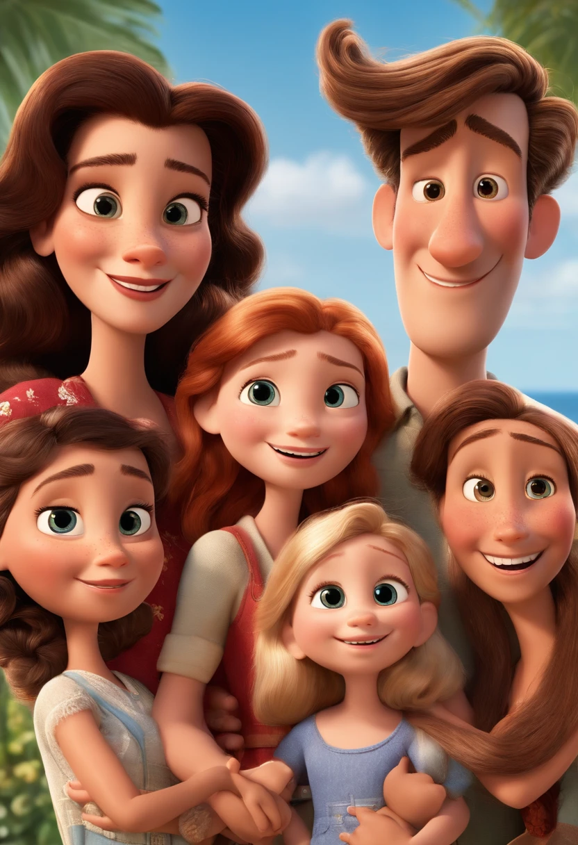 a Disney Pixar movie poster showing a white-skinned family. The father is the tallest, Tem barba curta, loiro, cabelos curtos e espinhosos. The mother has brown eyes and hair, shoulder-length and is slightly overweight. A menina tem 4 anos e cabelos castanhos, roupa rosa e rabos de cavalo. The background is a beach garden. 3D-rendering