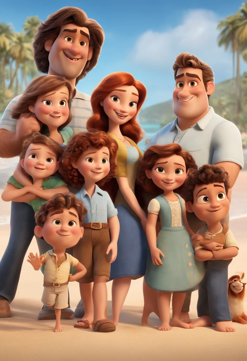 a Disney Pixar movie poster showing a white-skinned family. The father is the tallest, Tem barba curta, loiro, cabelos curtos e espinhosos. The mother has brown eyes and hair, shoulder-length and is slightly overweight. A menina tem 4 anos e cabelos castanhos, roupa rosa e rabos de cavalo. The background is a beach garden. 3D-rendering