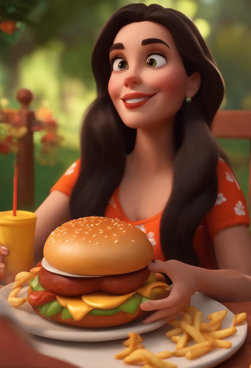 Make a girl with long dark hair, pele branca, She's hungry, como Disney Cartoon, She's eating hotdog, Pixar, ....3d, Disney
