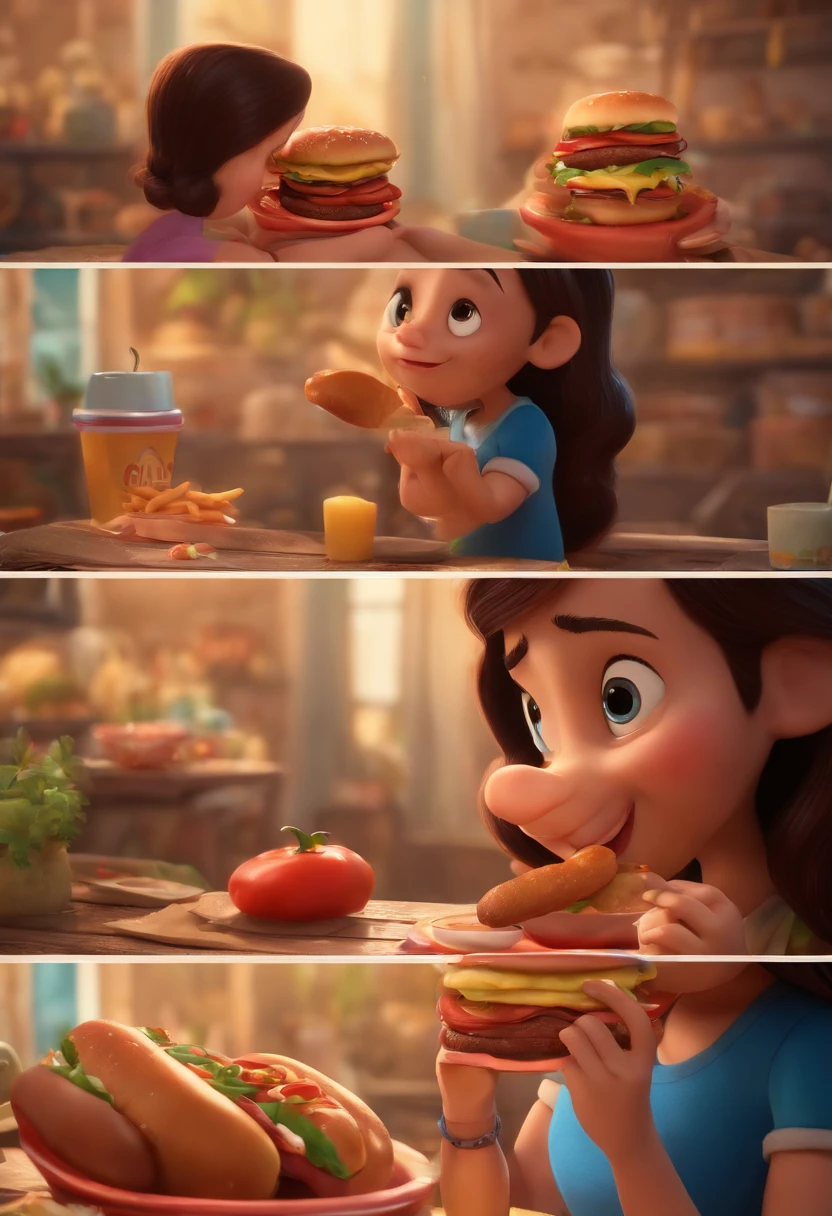 Make a girl with long dark hair, pele branca, She's hungry, como Disney Cartoon, She's eating hotdog, Pixar, ....3d, Disney