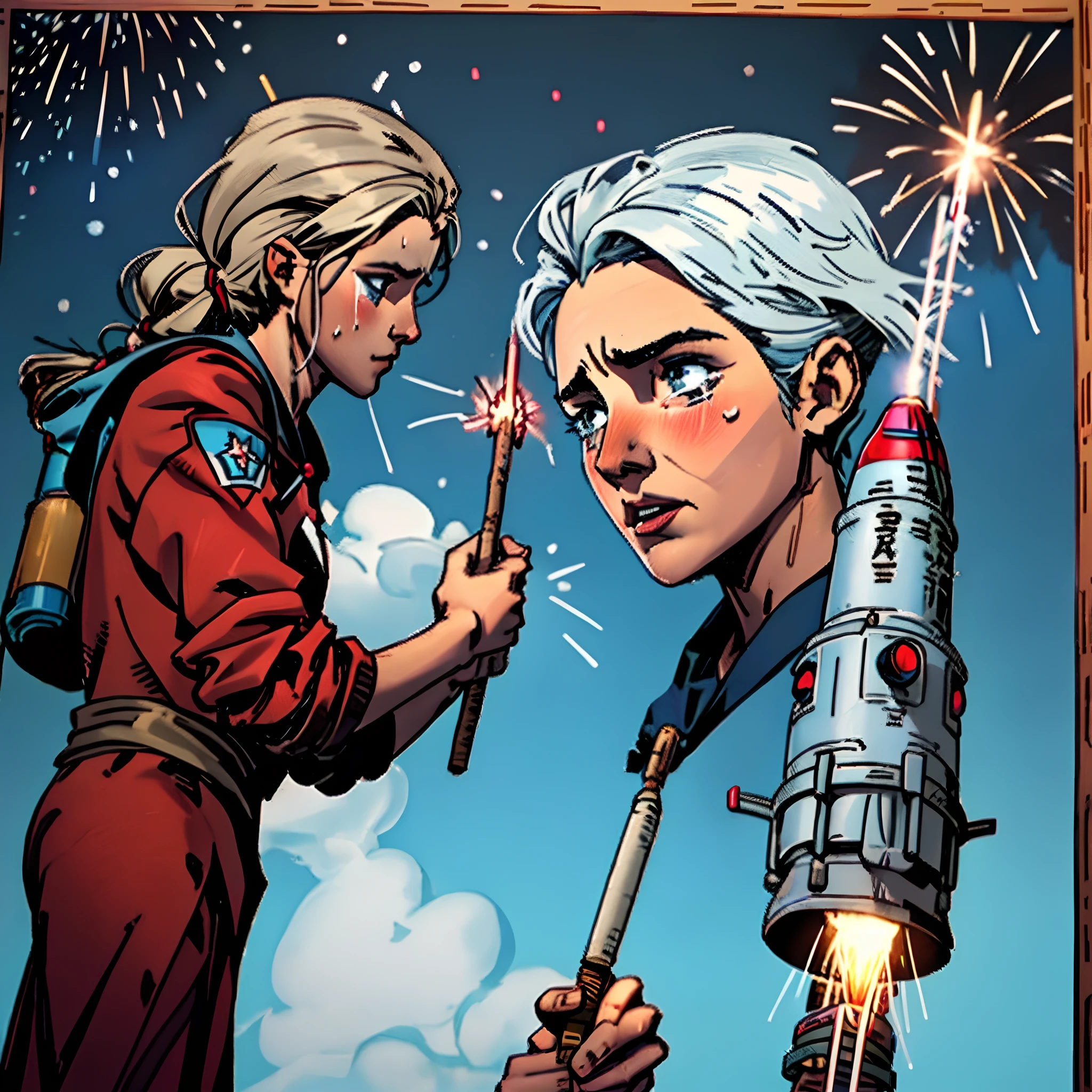 Stick figure with a fireworks rocket in his hand , that is lit , aber nicht losgelassen wird , looks to the side with tears in her eyes and anxious