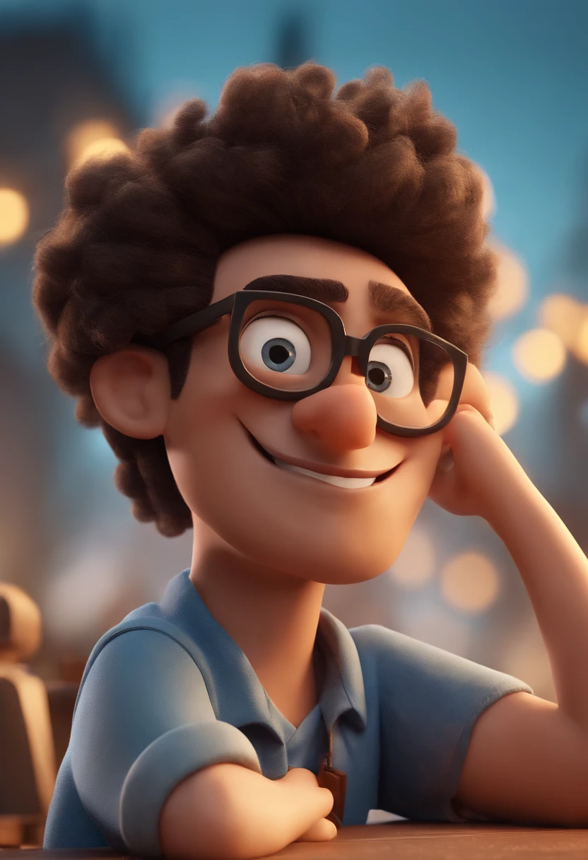 Cartoon character of a man wearing black glasses and a blue shirt, um personagem animado, Caractere estilizado, animation style rendering, 3D estilizado, Arnold Maya render, 3 d render stylized, toon render keyshot, Personagem 3D, Personagem 3D, 3d rendering stylized, 3 d character render, personagem de desenho animado, Personagem de close up, Pose de personagem, (Estilo Pixar) (master part:1.2) (Bokeh) (best quality) (pele detalhada) (textura detalhada) (8k) (argila) (Cinematic lighting) (foco nítido,Senta e vaza a parte superior do corpo