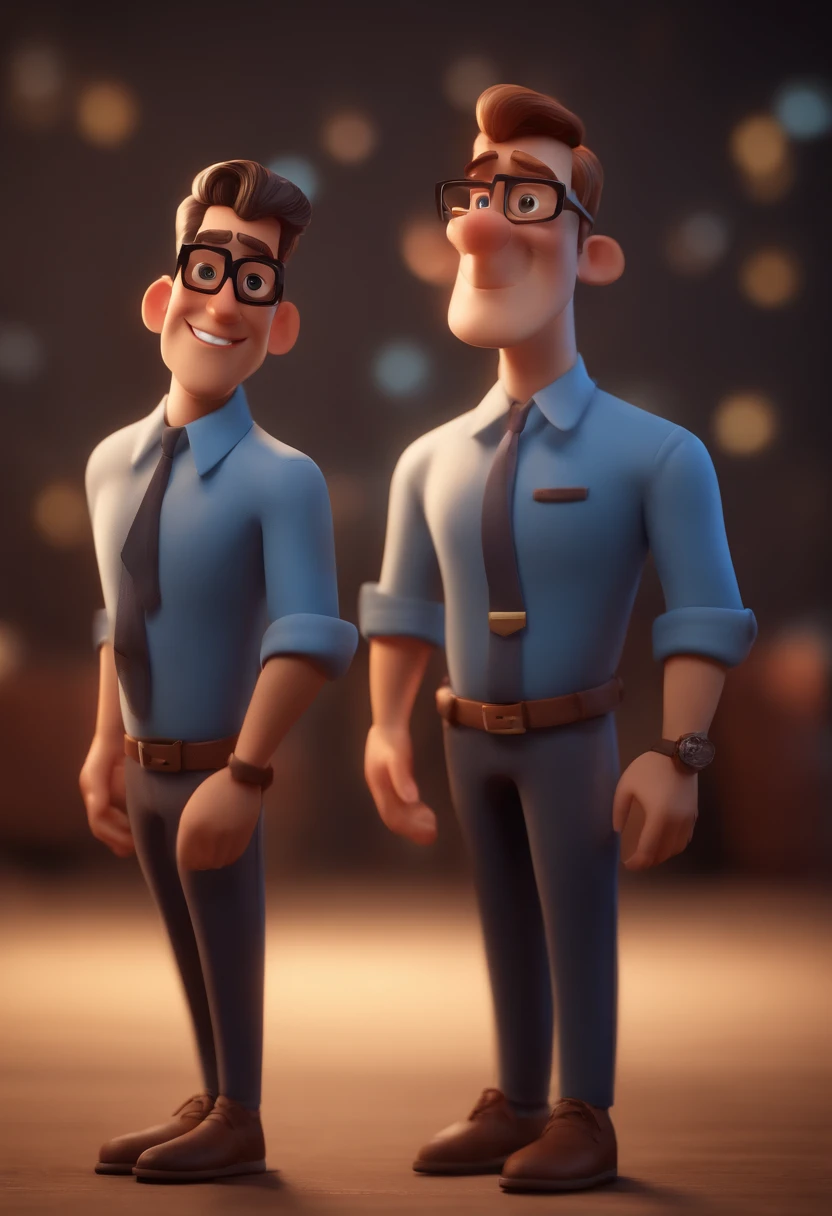 Cartoon character of a man with black glasses and a blue shirt, animation character, Caractere estilizado, animation style rendering, 3D estilizado, Arnold Maya render, 3 d render stylized, toon render keyshot, Personagem 3D, Personagem 3D, 3d rendering stylized, 3 d character render, personagem de desenho animado, Personagem de close up, Pose de personagem, (Estilo Pixar) (master part:1.2) (Bokeh) (best quality) (pele detalhada) (textura detalhada) (8k) (argila) (Cinematic lighting) (foco nítido