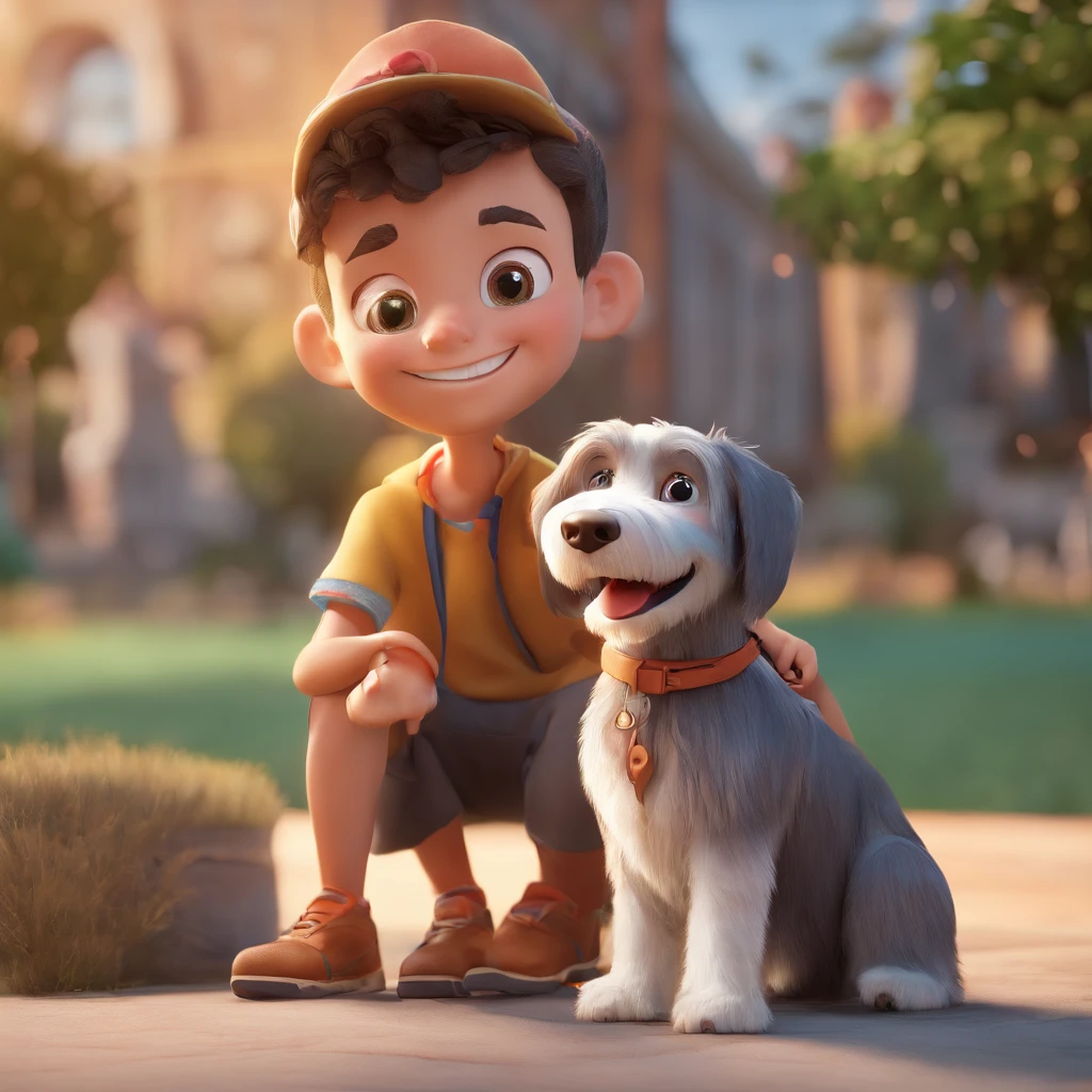 Lucas is a smiling -yeld hu boy, com seu fiel amigo, Bolt, o cachorro schnauzer, deitados no jardim