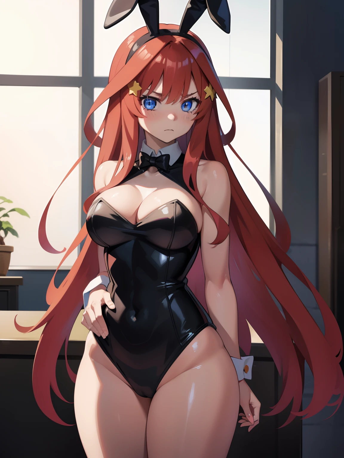 1girl, Anime girl with long hair, (((dark bunny suit))), anime moe art style, Anime visuals of cute girls, Anime Best Girl, itsuki nakano figure, pretty anime girl, Smooth Anime CG Art, Seductive Anime Girl, charming anime girls, Cute anime girl, Shining eyes, big boobs, (((((standing))))), ((looking at viewer)), (((((ashamed))))), close up, bunny ears, red hair, blue eyes, ((((thick thighs)))),  figure base, on a shelf