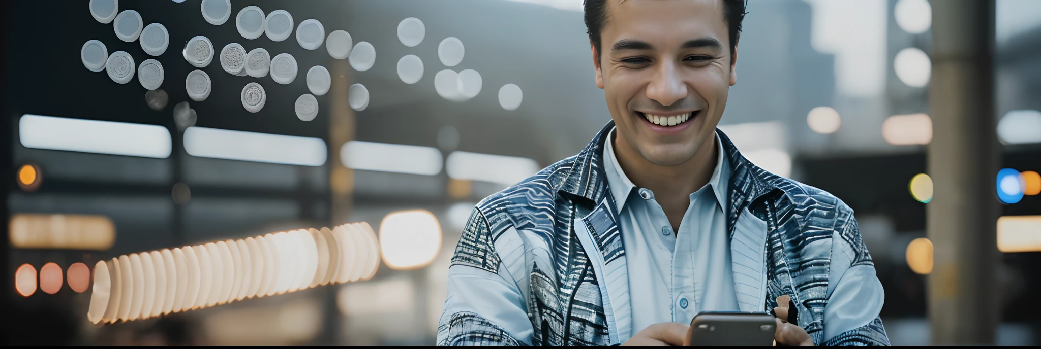 ecstatic man, smiling broadly, holding smartphone outwards, screen glowing, digital interaction emphasis, light white-blue tones, man positioned on the right, casually dressed, conveying importance of mobile content, expressions revealing happiness derived from the device, blurred background, highly detailed fuel station, modern design elements, brightly lit station areas, prominent brand logos, a massive and intricately detailed truck parked, mechanical ambience further emphasized, clear weather, distinct contrast between human excitement and the mechanical environment