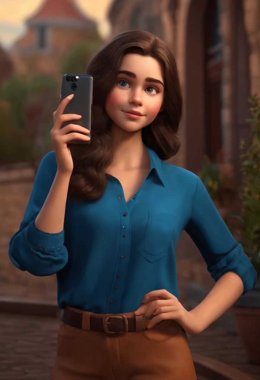 A dark-haired pixar style 13-year-old girl in a blue blouse and brown pants taking a selfie with a realistic touch