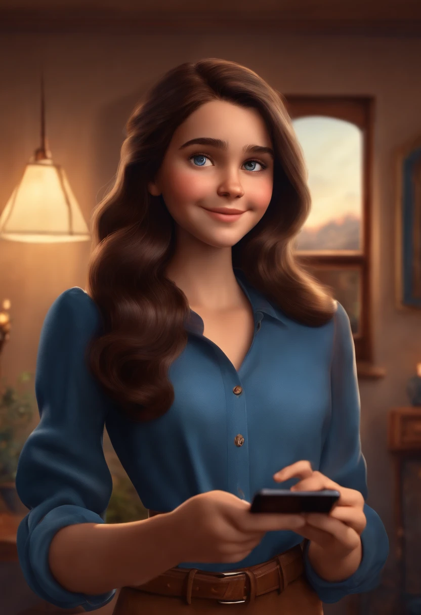 A dark-haired pixar style in a blue blouse and brown pants taking a selfie with a realistic touch