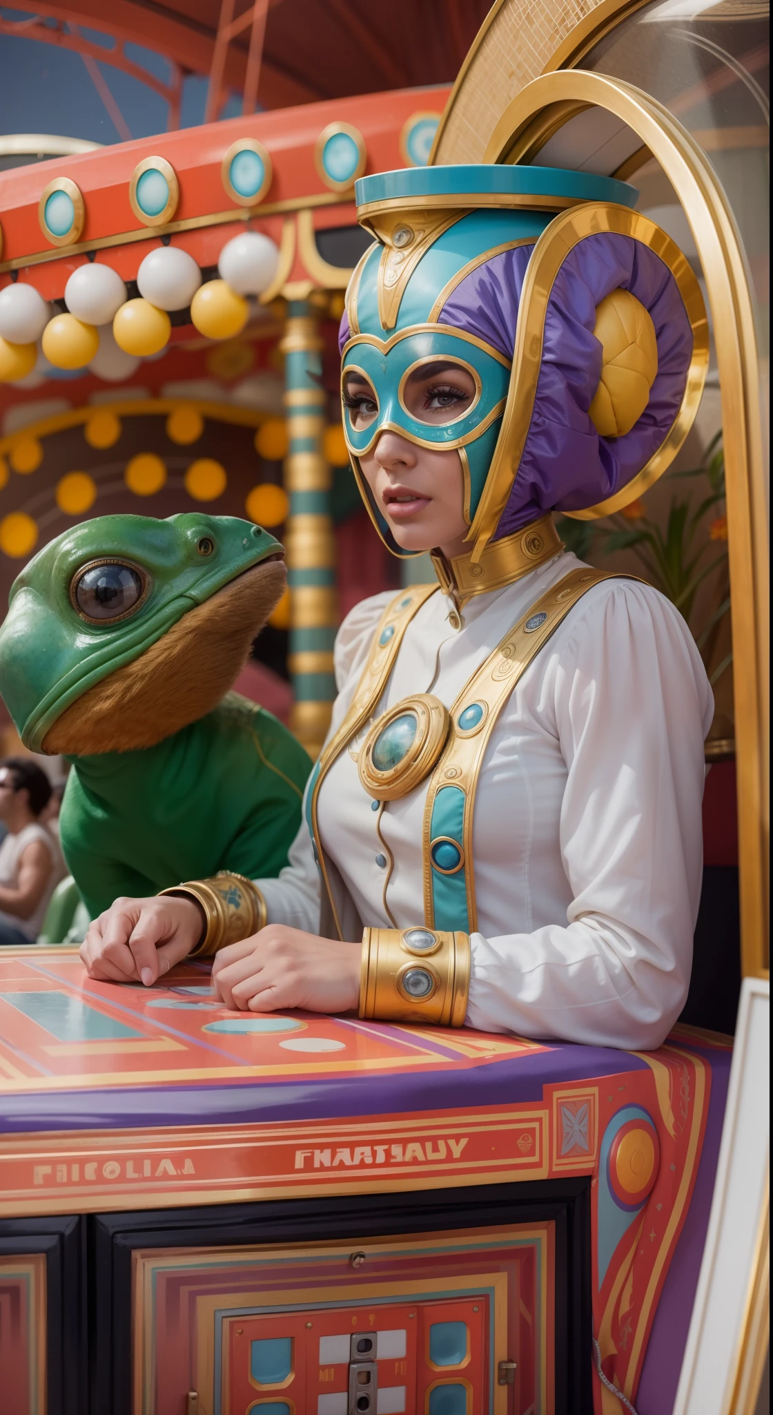 Foto premiada, imagem impressionante, detalhes perfeitos, 8k portrait of a 1960s science fiction film by Stanley Kubric, cores pasteis, There are men wearing futuristic chameleon masks and wearing extravagant retro fashion outfits and men wearing alien makeup and antique ornaments with mechanical pets at the '60s amusement park, Luz Natural, Psicodelia, futurista estranho, fotorrealista, hiper detalhado, foco nítido, Intrinsic, Fuji filmes 55mm,