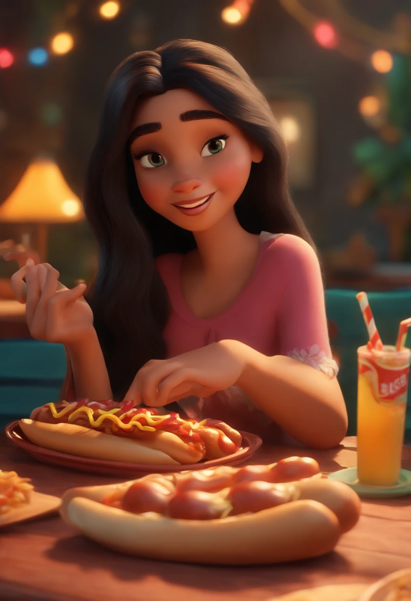 Make a girl with long dark hair, pele branca, She's hungry, como Disney Cartoon, She's eating hot dogs, Pixar, ......3d, Disney
