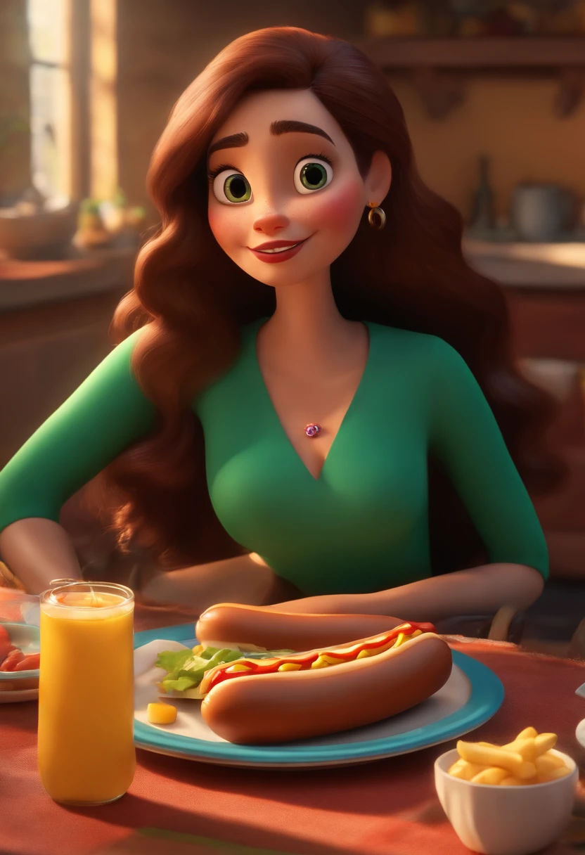 Make a girl with long dark hair, pele branca, She's hungry, como Disney Cartoon, She's eating hot dogs, Pixar, ......3d, Disney