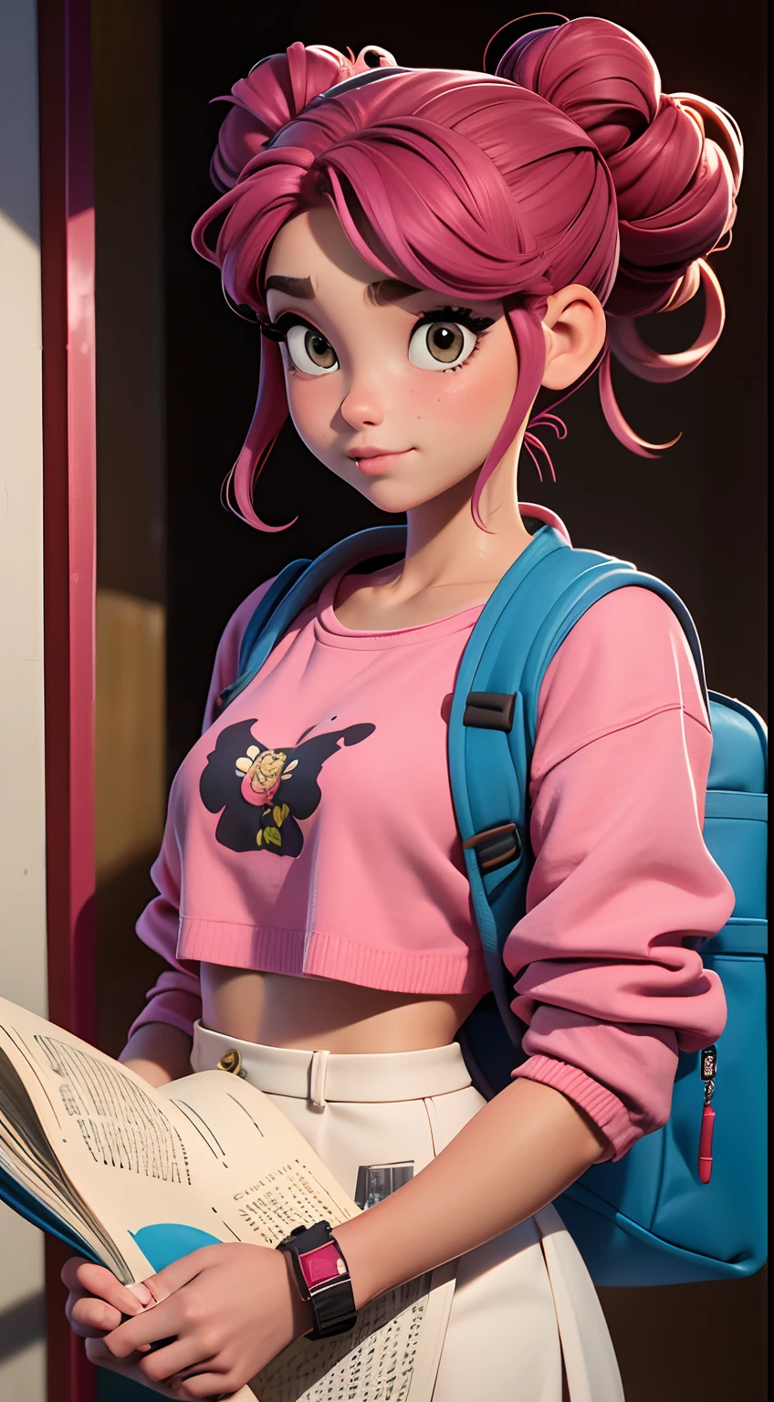 uma menina jovem, Your hair is stuck in a double bun,  tom vermelho com mechas rosas, roupas leves, mochila, livros, corpo inteiro, The background is filled with a school theme, Urbano.