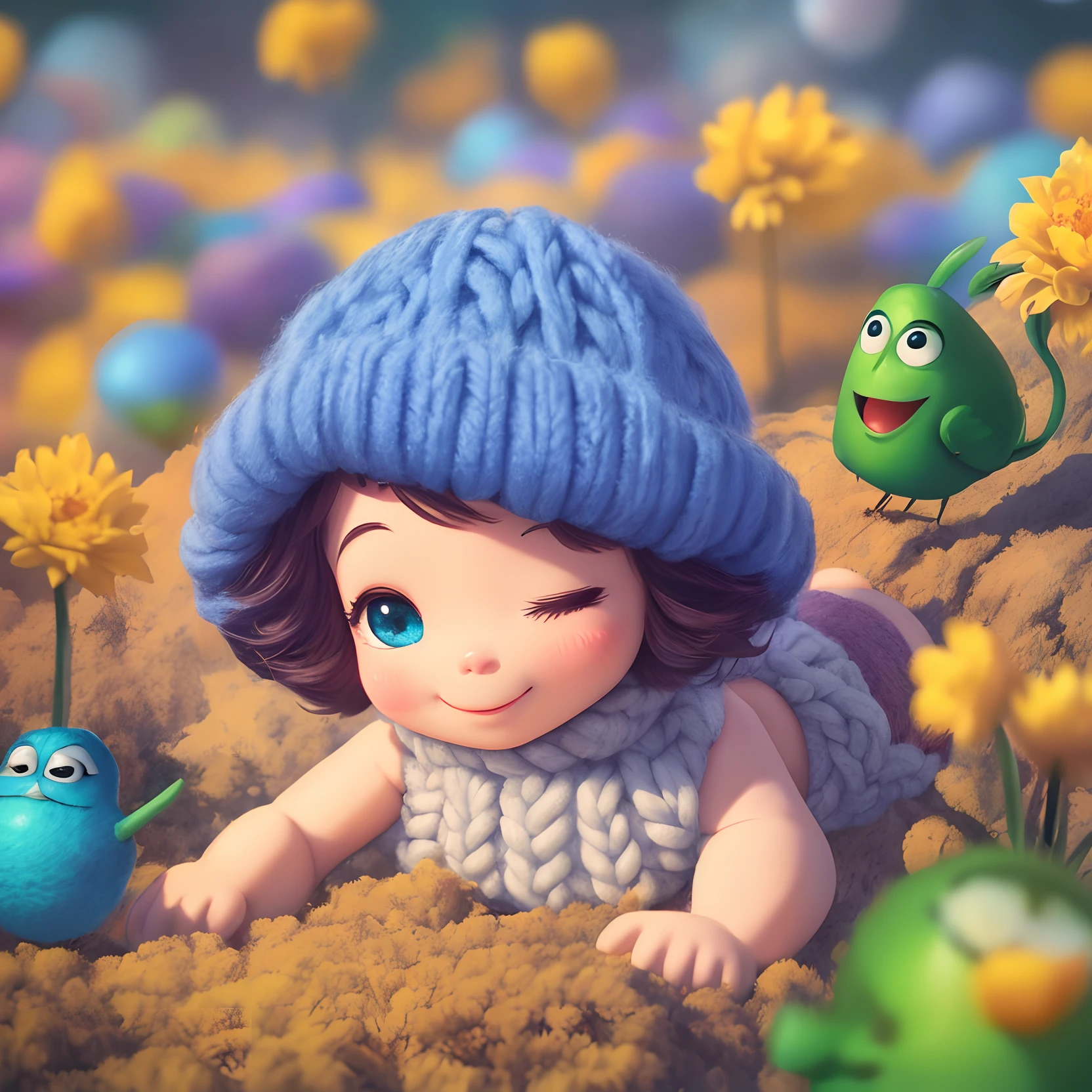 Newly narcissed baby, estilo disney, tom de pele: sem cabelo com os olhos fechados, dormindo, Head Turned Left Background: rosagra, Rosadient wool outfit, sorrindo, feliz, (estilo pixar) (obra-prima:1.2) (bokeh) (melhor qualidade) (pele detalhada) (textura detalhada) (8k) (claymation) (cinematic lighthing) (foco nítido