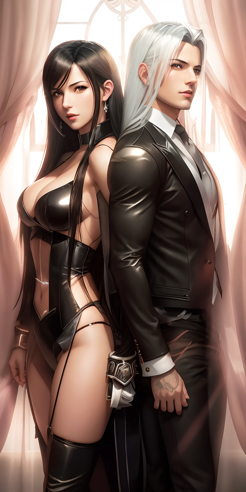 arafed image of a sexy couple posing together in a window, seductive tifa lockhart portrait, tifa, tifa lockhart, tifa lockheart, tifa lockhart portrait, glamorous tifa lockheart, portrait of tifa lockhart, tifa lockhart with white hair, range murata and artgerm, 8k high quality detailed art