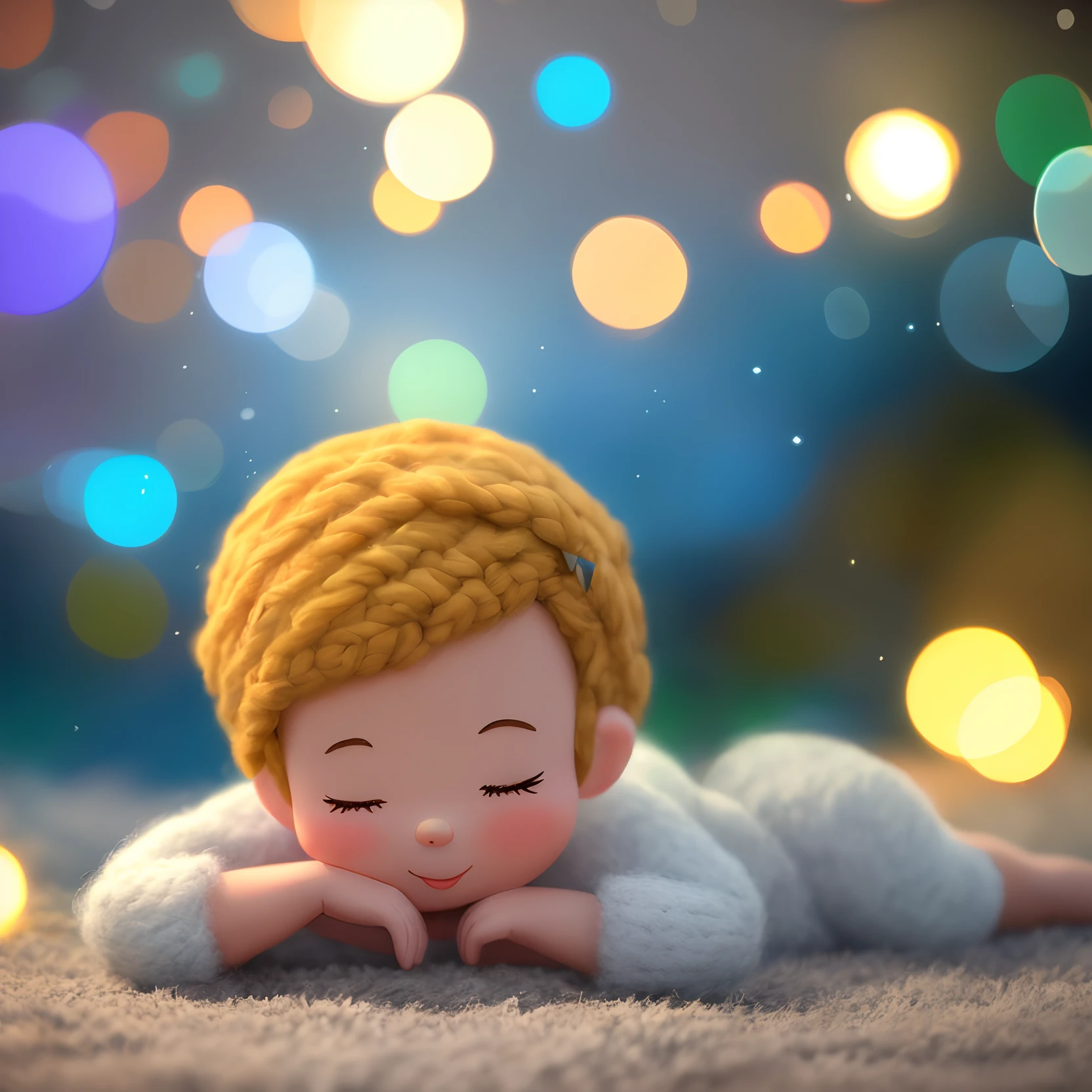 Newly narcissed baby, estilo disney, tom de pele: sem cabelo com os olhos fechados, dormindo, Head Turned Left Background: rosagra, Rosadient wool outfit, sorrindo, feliz, (estilo pixar) (obra-prima:1.2) (bokeh) (melhor qualidade) (pele detalhada) (textura detalhada) (8k) (claymation) (cinematic lighthing) (foco nítido