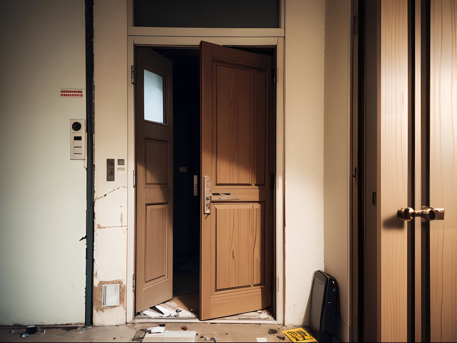 The door is broken, Damaged door, Broken Door, Broken Lock, The door to the apartment with a broken lock
