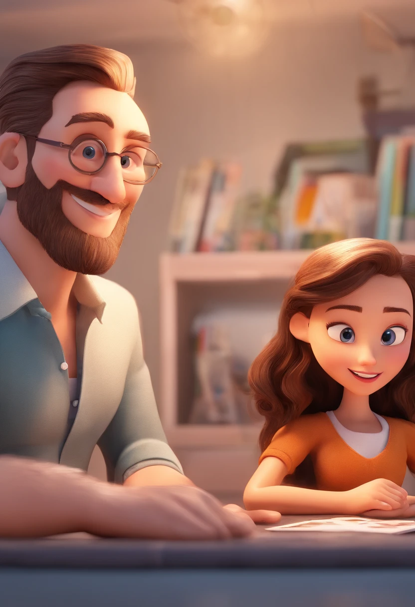 An illustration of an adorable family, destacando um homem e uma mulher com bonito, Expressive eyes – the man's skin is white and the man's hair is black, while the woman's skin is white and the woman's hair is curly and brown. They are a bright room, cada um com um sorriso no rosto, e compartilhar um momento especial caracterizado pelo amor. Illustrate this scene from a perspective where they are facing away from the camera, Showing Your Connection. Desenvolva esta arte em Full HD, Focus on your cinematic touch, Estilo Disney Pixar Animations