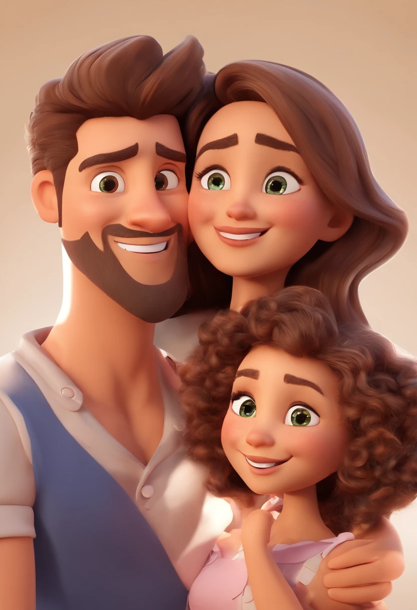 An illustration of an adorable couple, Destacando a un hombre mulato regordete con anteojos sonriendo y a una mujer morena con hermosos ojos expresivos: The man's skin is mulatto and the man's hair haswhile the woman's skin is black and the woman's hair is straight and brown. They are a bright room, Cada uno con una sonrisa en la cara, y compartir un momento especial caracterizado por el amor, Ideas. Illustrate this scene from a perspective where they're looking at the camera, Smile and show your connection. Desarrolla este arte en Full HD, Focus on your cinematic touch, Estilo de animaciones de Disney Pixar