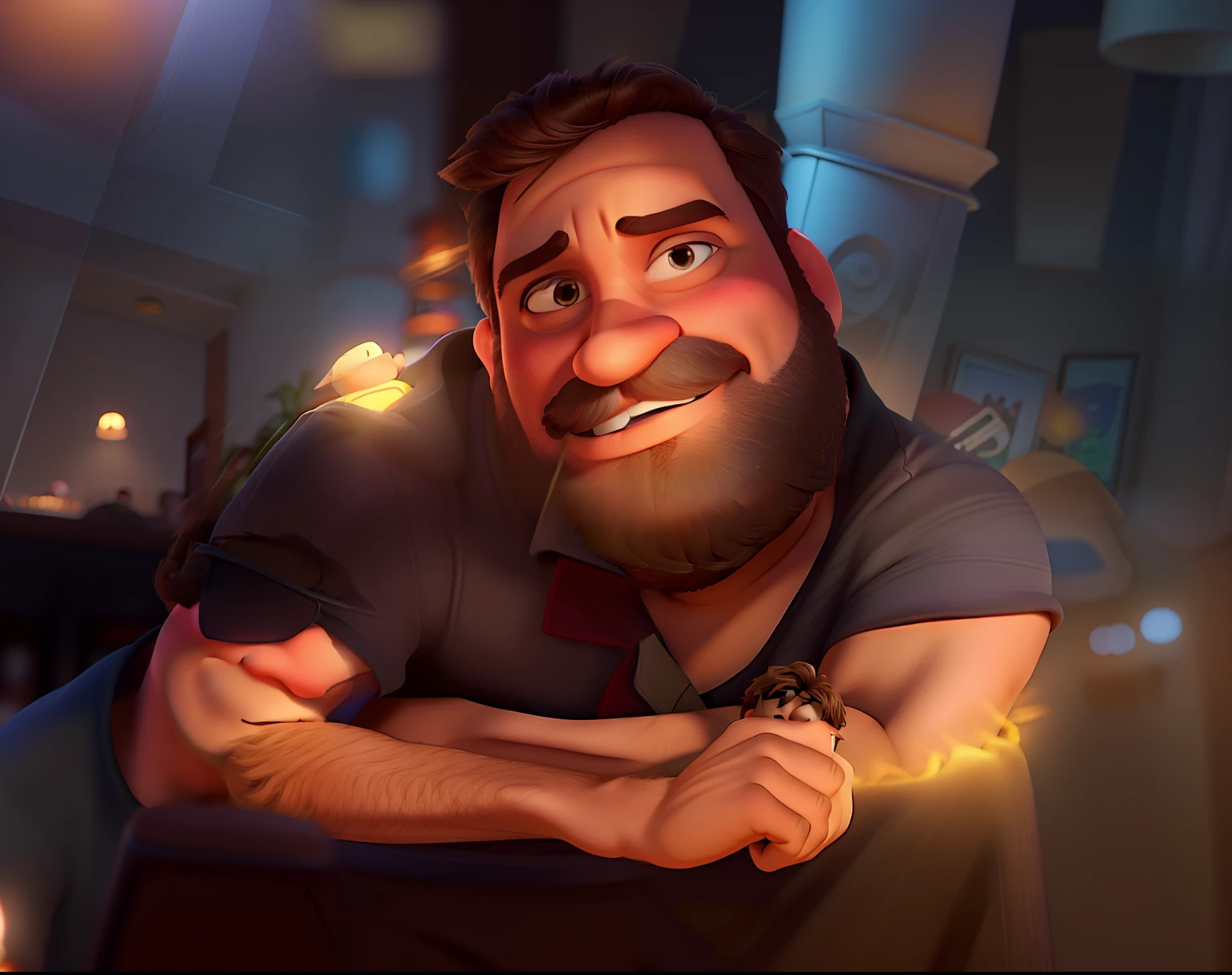 Poster no estilo Disney pixar, alta qualidade, melhor qualidade, homem sexy branco, 30 anos cabelo grisalho barba preta, musculoso, com fundo em um restaurante a luz de velas