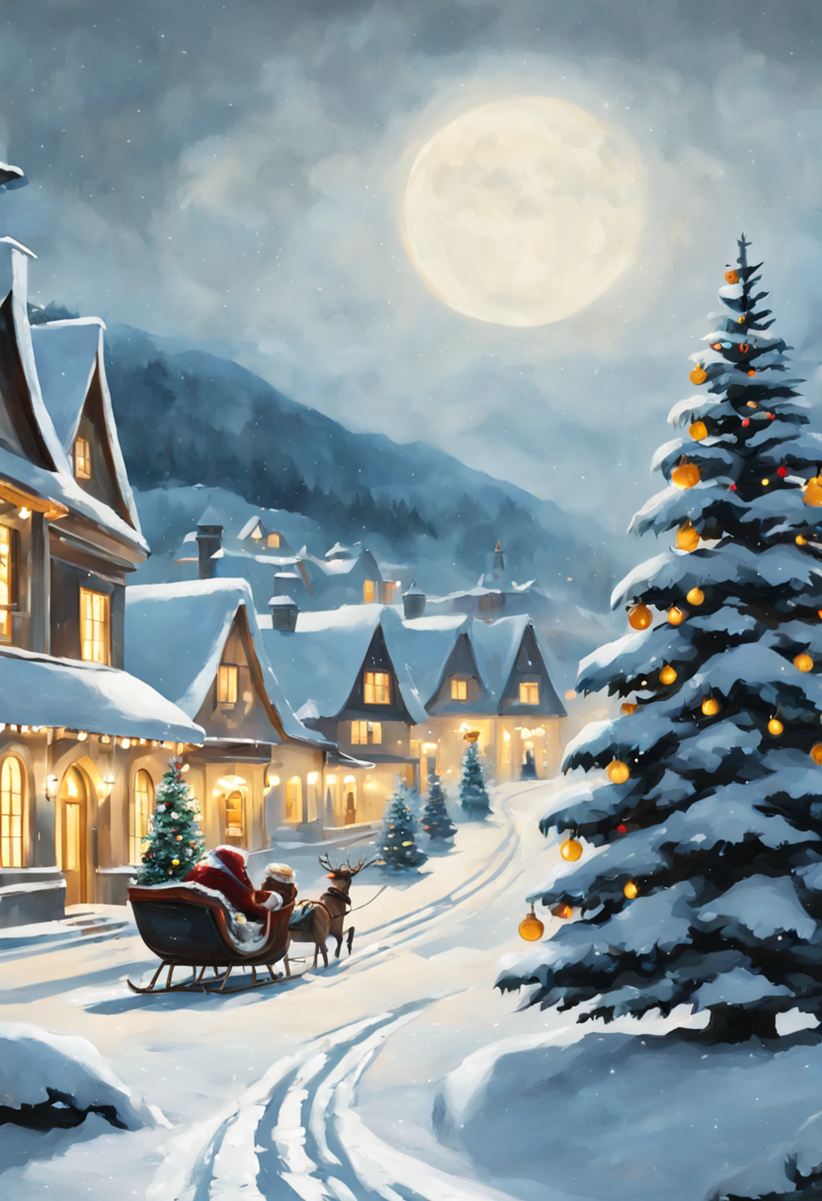 (best quality,4k,8k,highres,masterpiece:1.2), ultra-detailed, (realistic,photorealistic,photo-realistic:1.37), oil painting, photoshop rough oil brush set, christmas village, big christmas tree, snowing, harmony, beauty, Santa's sleigh on the sky at night, detailed eyes, detailed lips, extremely detailed eyes and face, long eyelashes, joyful atmosphere, warm colors, cozy houses, festive decorations, twinkling lights, delicate brushstrokes, traditional holiday scene, peaceful snowflakes falling, charming winter wonderland, magical ambiance, majestic Christmas tree, adorned with ornaments, Santa Claus riding his sleigh, pulled by reindeers, moonlit sky, stars shining brightly, breathtaking landscape, heartfelt happiness, nostalgic feeling, nostalgic style of painting, inviting and enchanting scenery