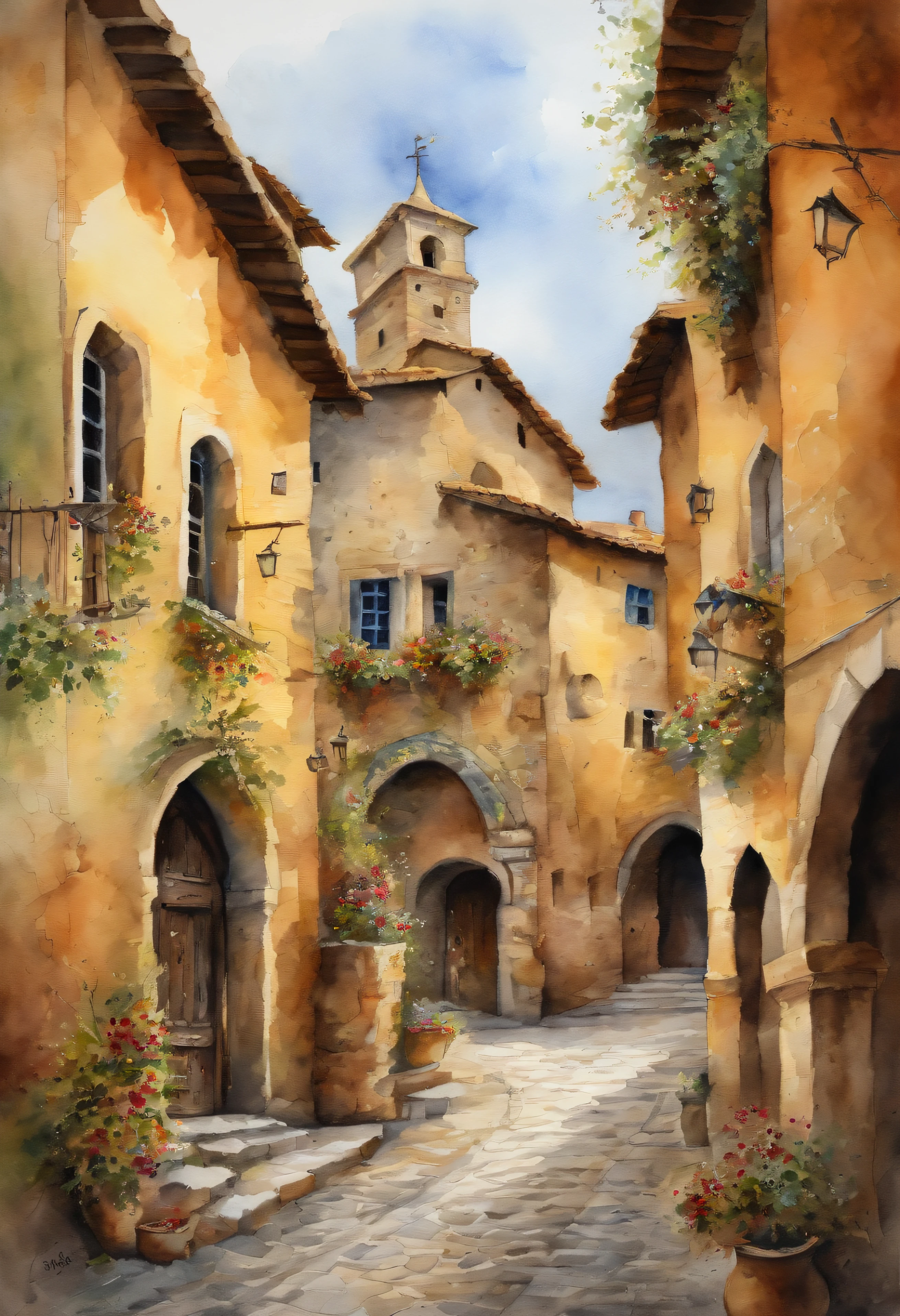 Medieval city, Watercolor, 32k, hyper realistic and hyper detailed