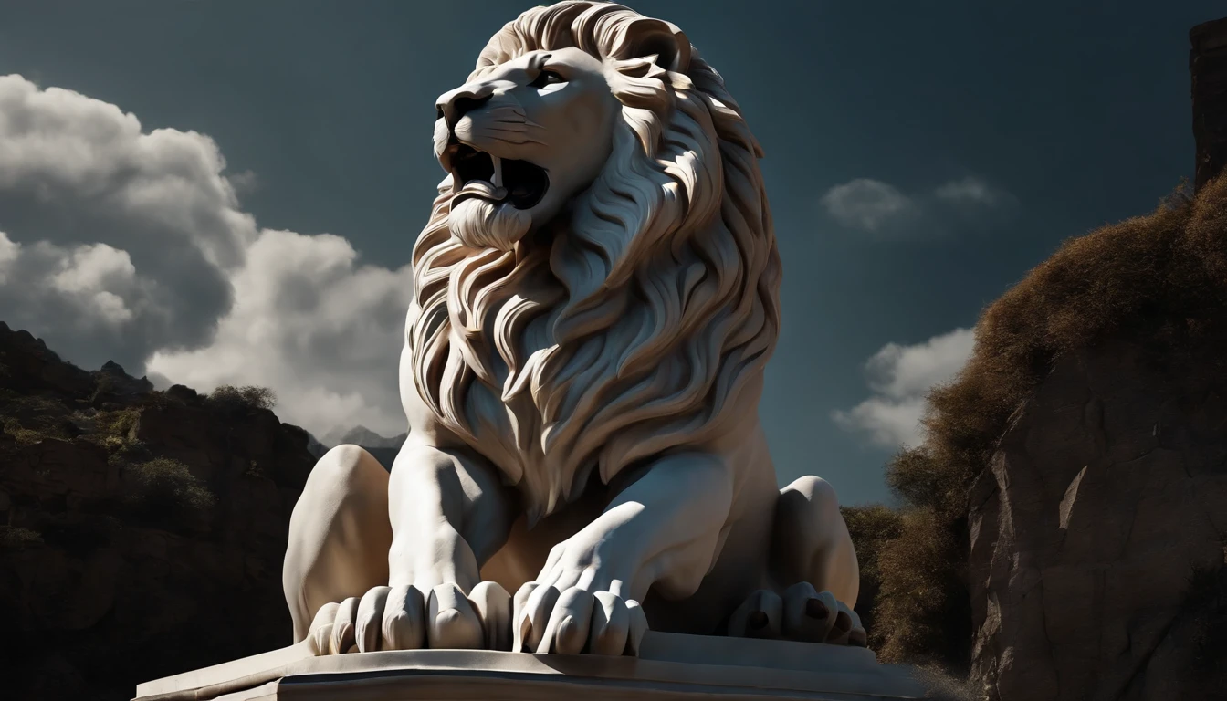 White stoic statue of a seated lion roaring, cinematic Seneca style Hercules 4K, with muscles and dark background.