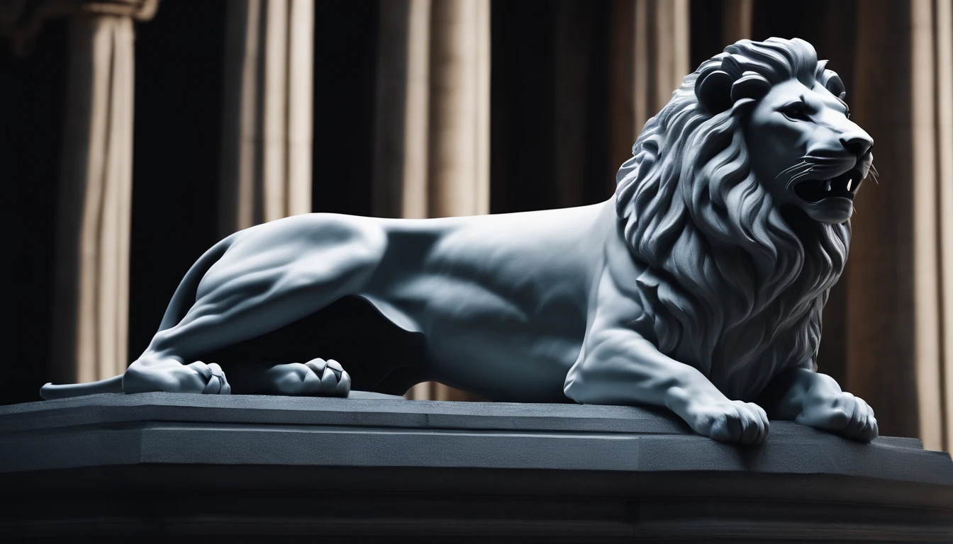 White stoic statue of a seated lion roaring, cinematic Seneca style Hercules 4K, with muscles and dark background.