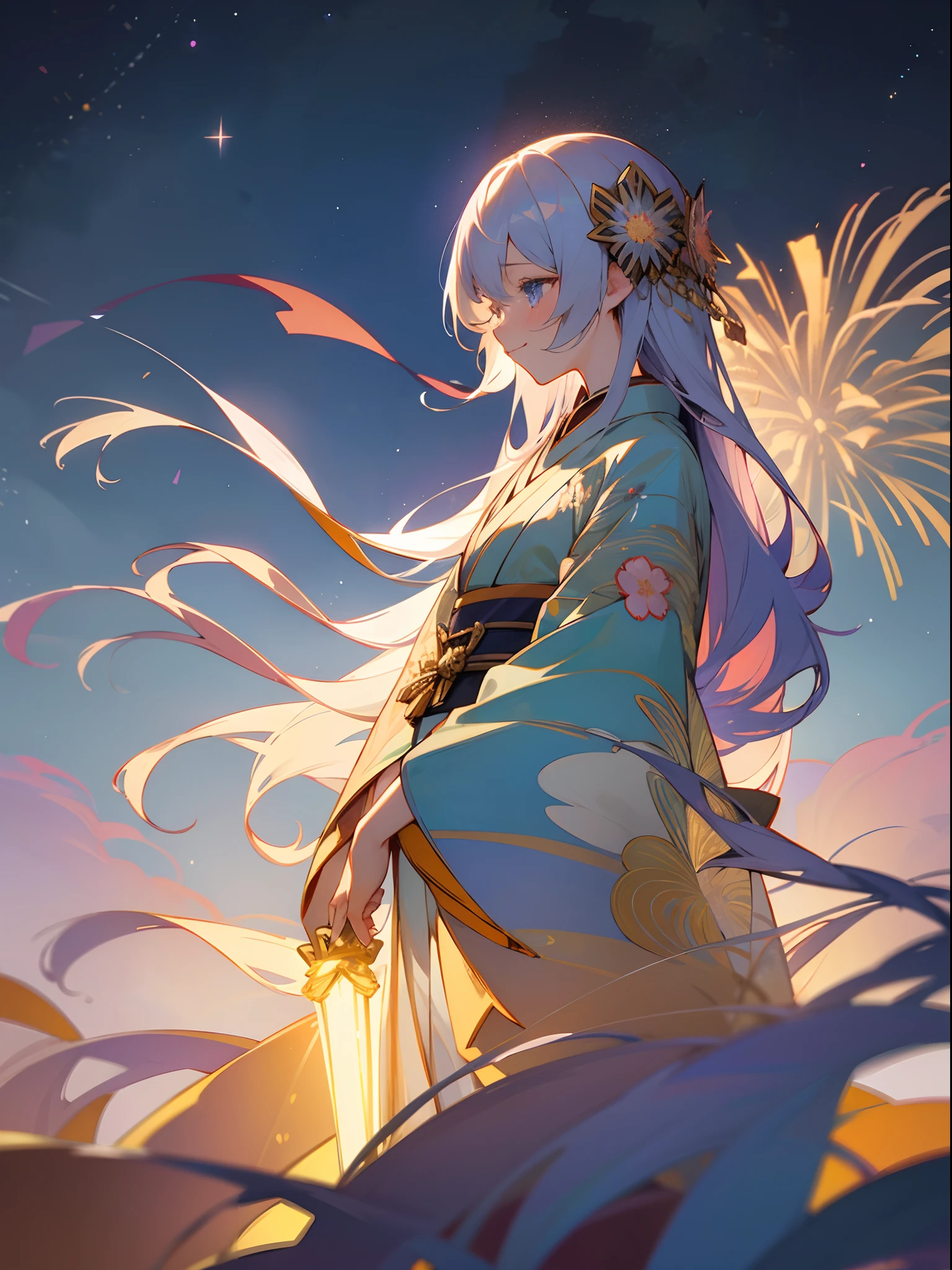 Three fireworks in the night sky、Back lighting、Floral kimono、floral Yukata、Small hair ornament, Profile of a girl with long white hair and blue eyes、Smiling and crying。bustup、art noveau、Alfonse Mucha 、