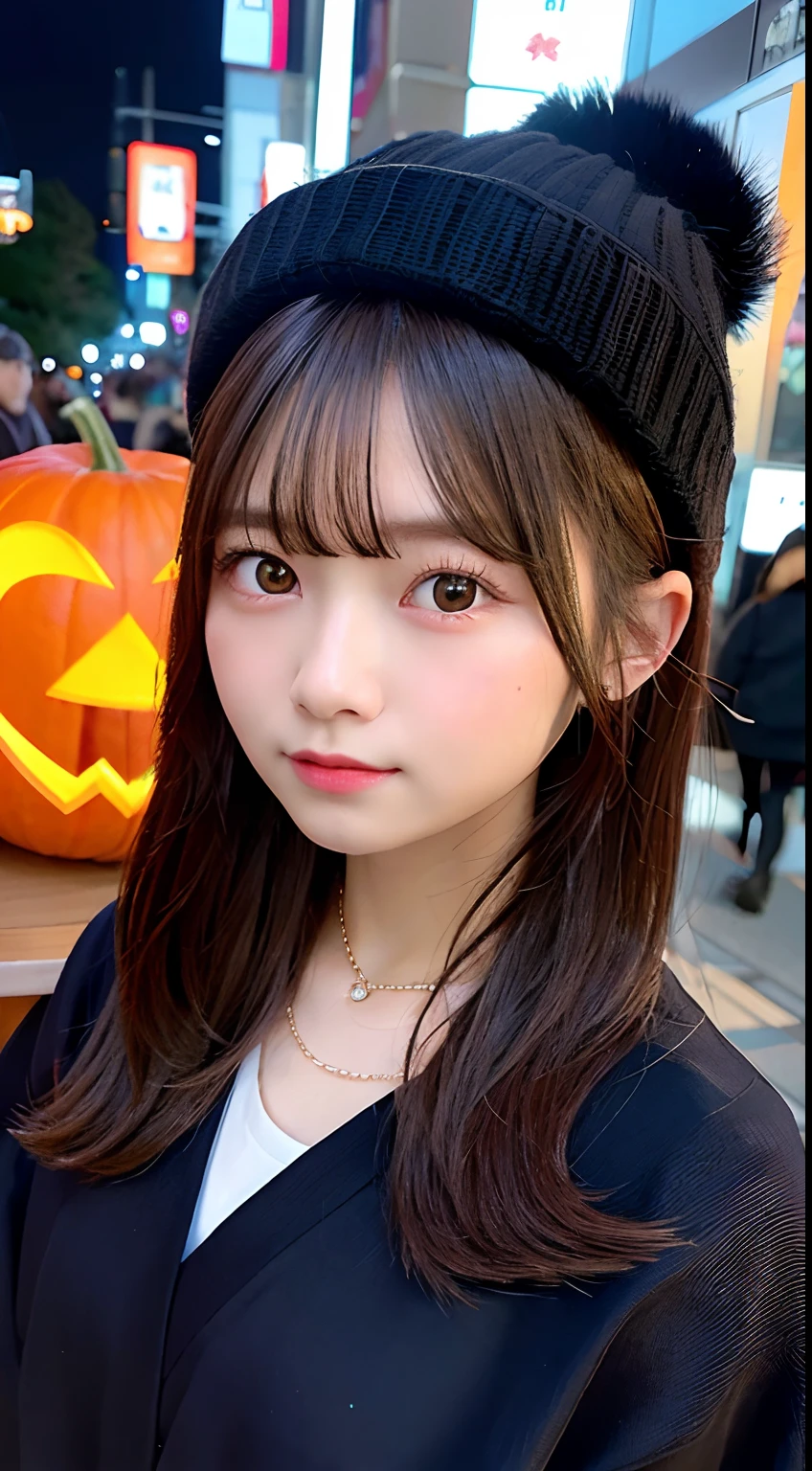 8K raw photos、hight resolution、abdominals、ribbed、A dark-haired、Beautiful Japan at 18 years old、with round face、Very small lips、Round Big、Valley、beautiful eyes finely detailed、long eyeslashes、Beautiful double eyelids、Sanpaku eyes、Duck mouth、Blunt bangs、Okappa、耳Nipple Ring、a necklace、Scary look、(Background: nightcity)、 Looking at Viewer,TOKYOcty、(vestments:Halloween)、Hats、Full body、frontage