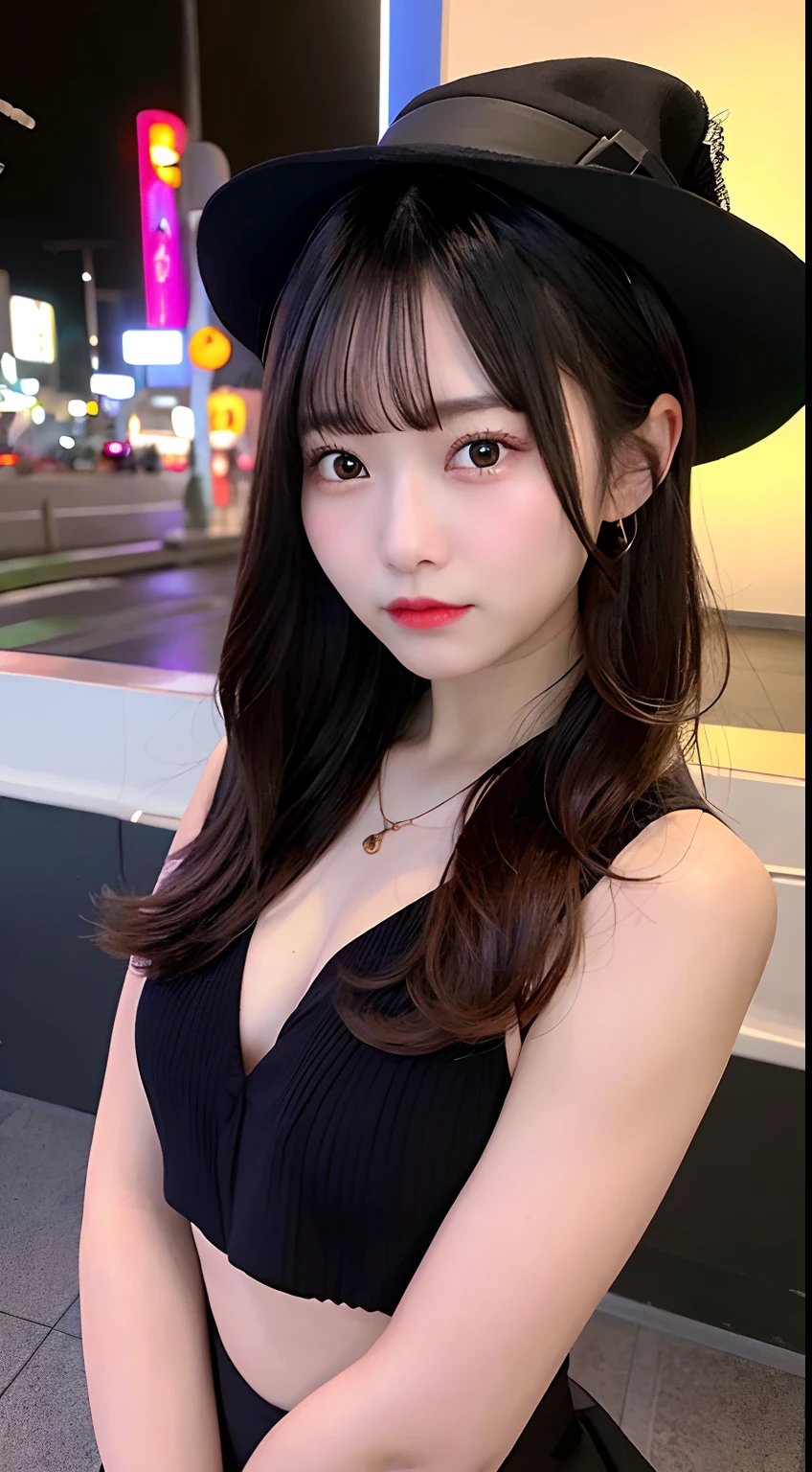 8K raw photos、hight resolution、abdominals、ribbed、A dark-haired、Beautiful Japan at 18 years old、with round face、Very small lips、Round Big、Valley、beautiful eyes finely detailed、long eyeslashes、Beautiful double eyelids、Sanpaku eyes、Duck mouth、Blunt bangs、Okappa、耳Nipple Ring、a necklace、Scary look、(Background: nightcity)、 Looking at Viewer,TOKYOcty、(vestments:Halloween)、Hats、Full body、frontage