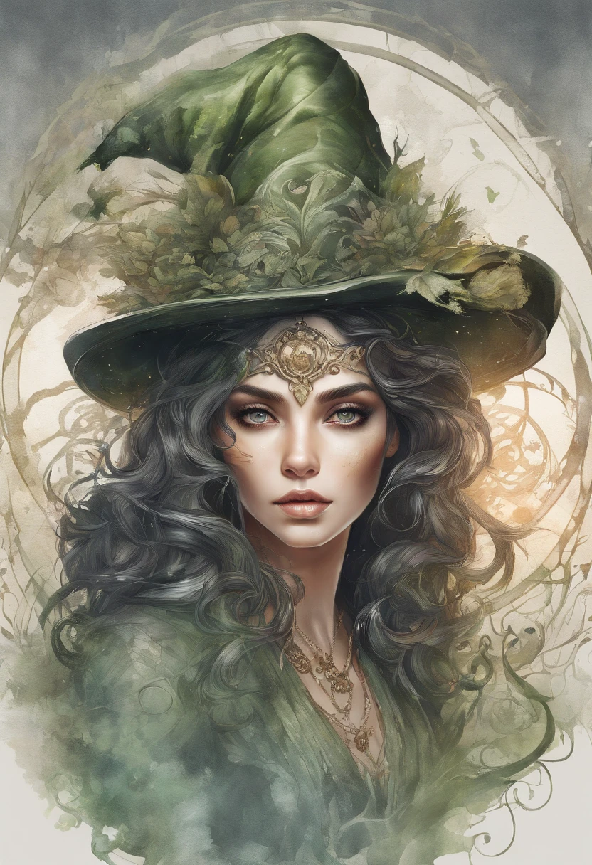 ((ultra-detalhado)), (Highly detailed CG illustration), ((An extremely delicate and beautiful witch with a hat)), Cinematic light, Create stunning fantasy art that mimics the style of the genre's currently rising masters. The artwork should contain elements of mythical fantasy with colorful details. ((Use various shades of olive green and pastel watercolor as the main color scheme.)) The witch in the work has black hair with an aura of mystery and magic, olhos hipnotizantes com cores vibrantes e sombreamento arrojado. A pele da bruxa deve ser projetada com cores claras deslumbrantes, e detalhes sutis iridescentes. Incorpore cores de sonho, dynamic lighting, and detailed background elements to create a sense of wonder and immersion. Include magical aura. Considerar, (((master part))), (((melhor qualidade)))
