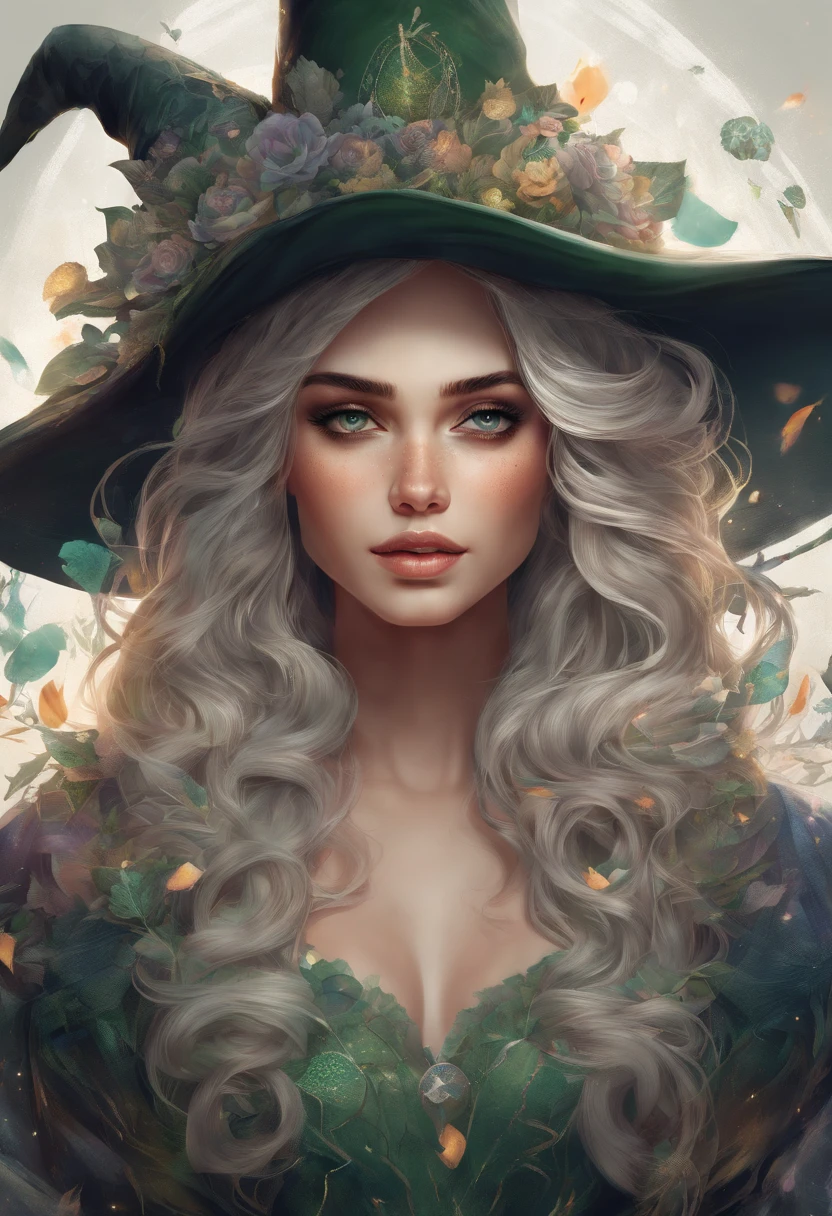 ((ultra-detalhado)), (Highly detailed CG illustration), ((An extremely delicate and beautiful witch with a hat)), Cinematic light, Create stunning fantasy art that mimics the style of the genre's currently rising masters. The artwork should contain elements of mythical fantasy with colorful details. ((Use various shades of olive green and pastel watercolor as the main color scheme.)) The witch in the work has black hair with an aura of mystery and magic, olhos hipnotizantes com cores vibrantes e sombreamento arrojado. A pele da bruxa deve ser projetada com cores claras deslumbrantes, e detalhes sutis iridescentes. Incorpore cores de sonho, dynamic lighting, and detailed background elements to create a sense of wonder and immersion. Include magical aura. Considerar, (((master part))), (((melhor qualidade)))