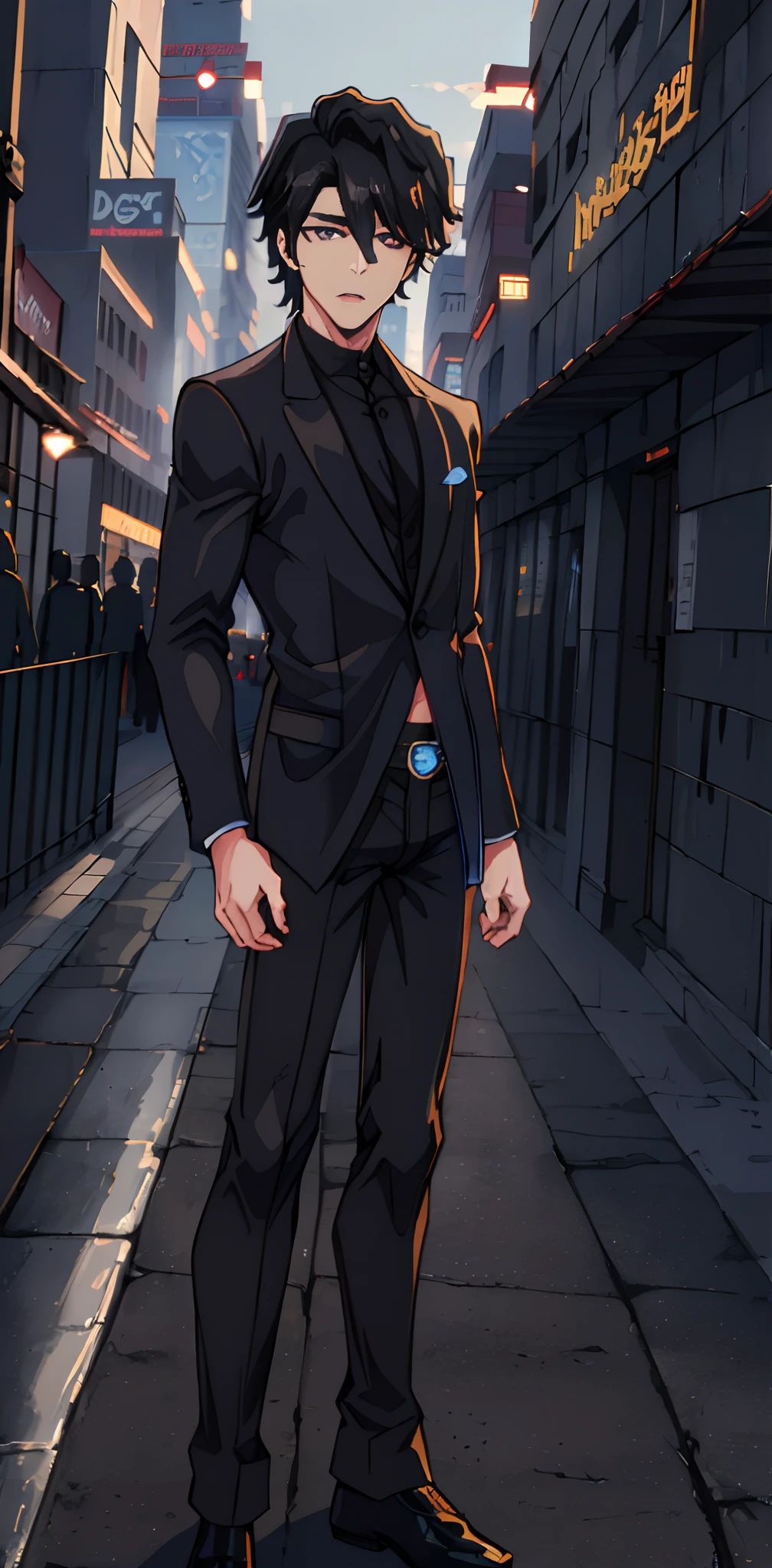 1hombre, de cabello medio corto, ojos azules, traje negro, elegante, black pant, parado, cuerpo medio ancho completo, 1hombre