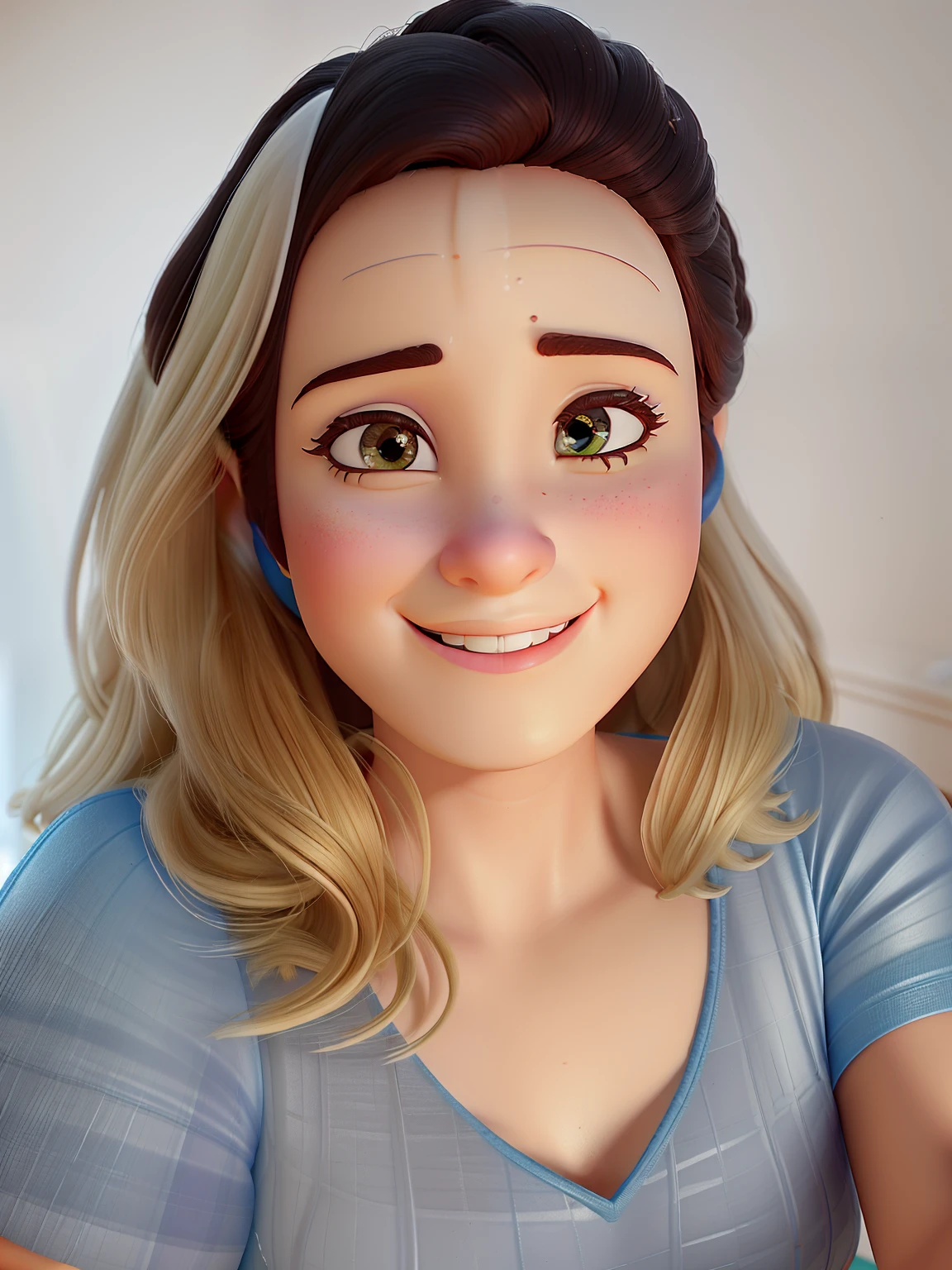 Poster 3 D inspirado na Disney Pixar, A confectioner woman illuminated by the light of a lamp, com pele clara,cabelos loiros, olhos marrom, avental branco contra o pano de fundo de uma confeitaria, Woman is making a cake in cream, na mesa tem batedeira, Cupcakes, Brownies e Morango