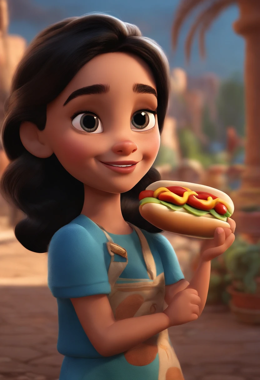 Make a child girl with long black hair, pele branca clara, olhos escuros, She's hungry, como Disney Cartoon, She's holding a hot dog, comendo cachorro-quente Pixar, ............3d, Disney, desenho