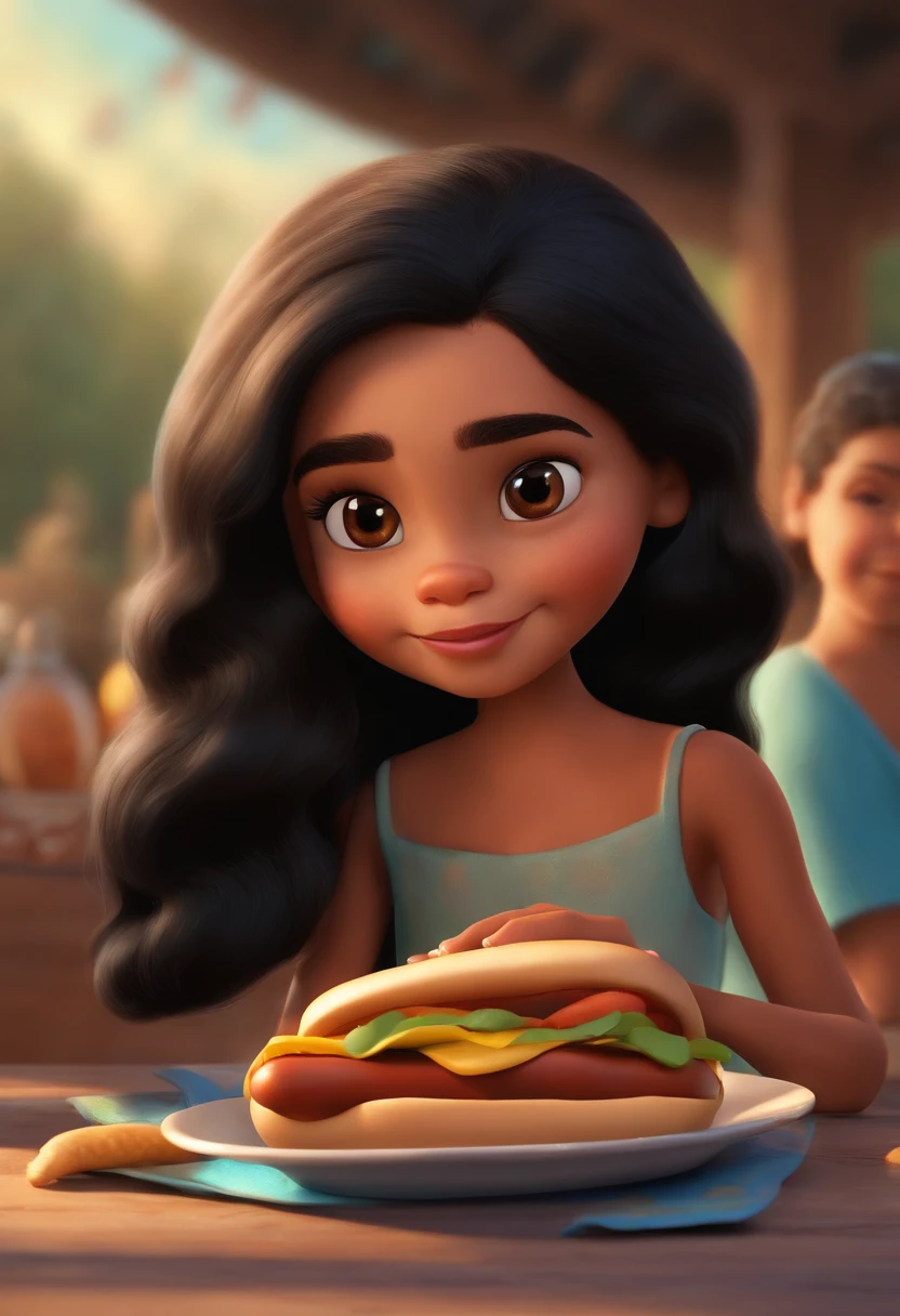 Make a girl with long black hair, pele branca clara, olhos escuros, She's hungry, como Disney Cartoon, She's holding a hot dog, comendo cachorro-quente Pixar, ............3d, Disney, desenho